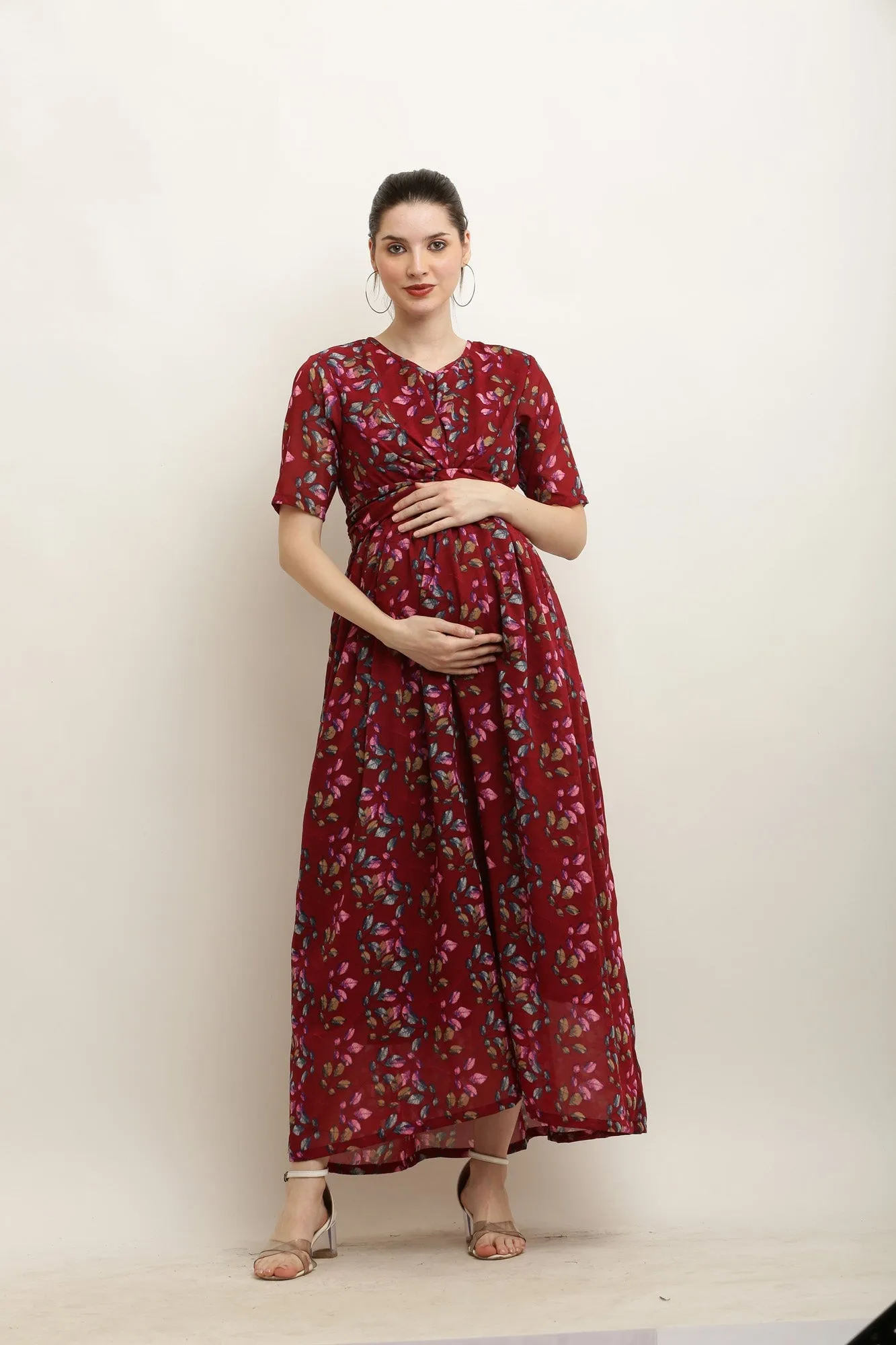 Eden Burgundy Blossom Maternity Knot Dress