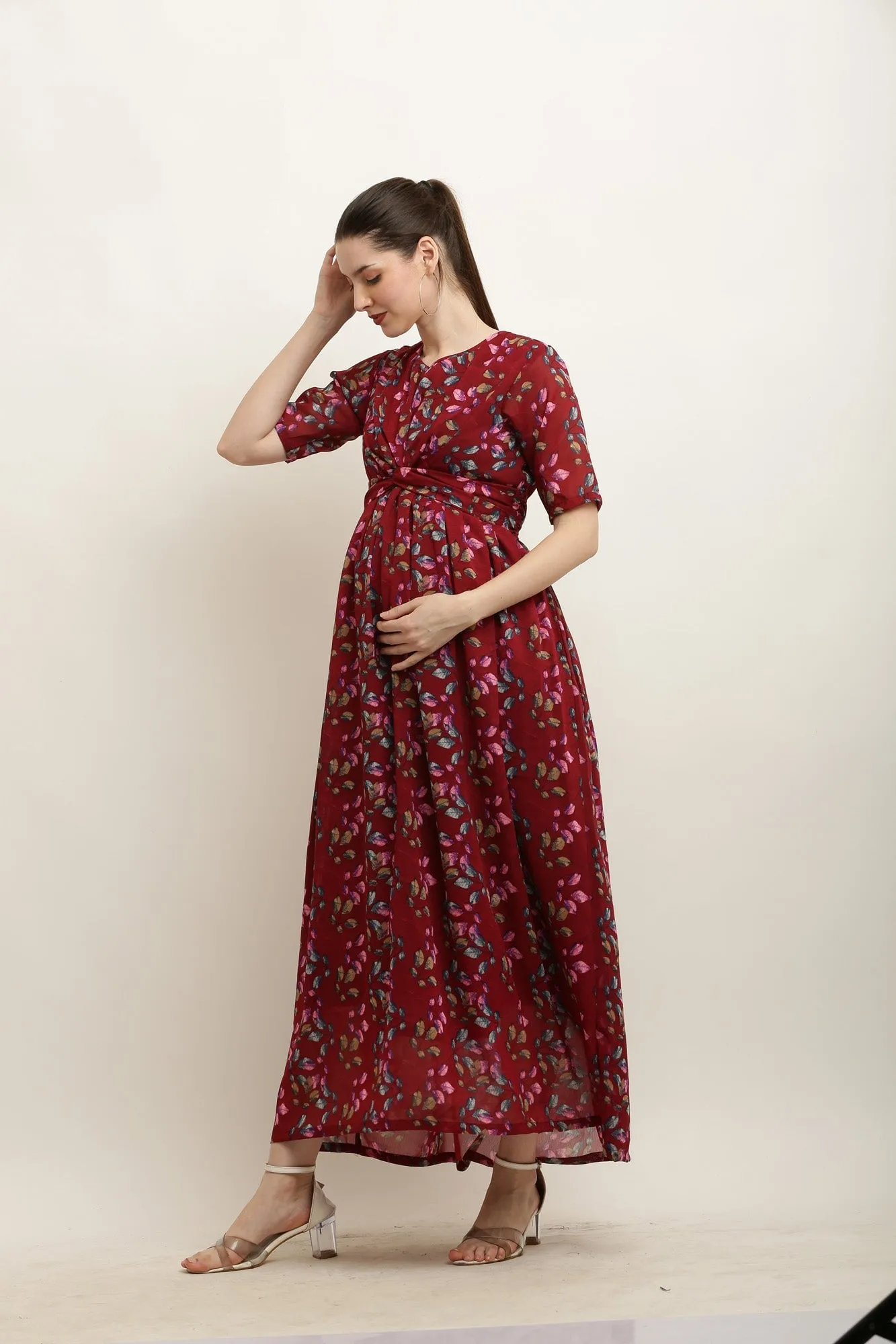 Eden Burgundy Blossom Maternity Knot Dress