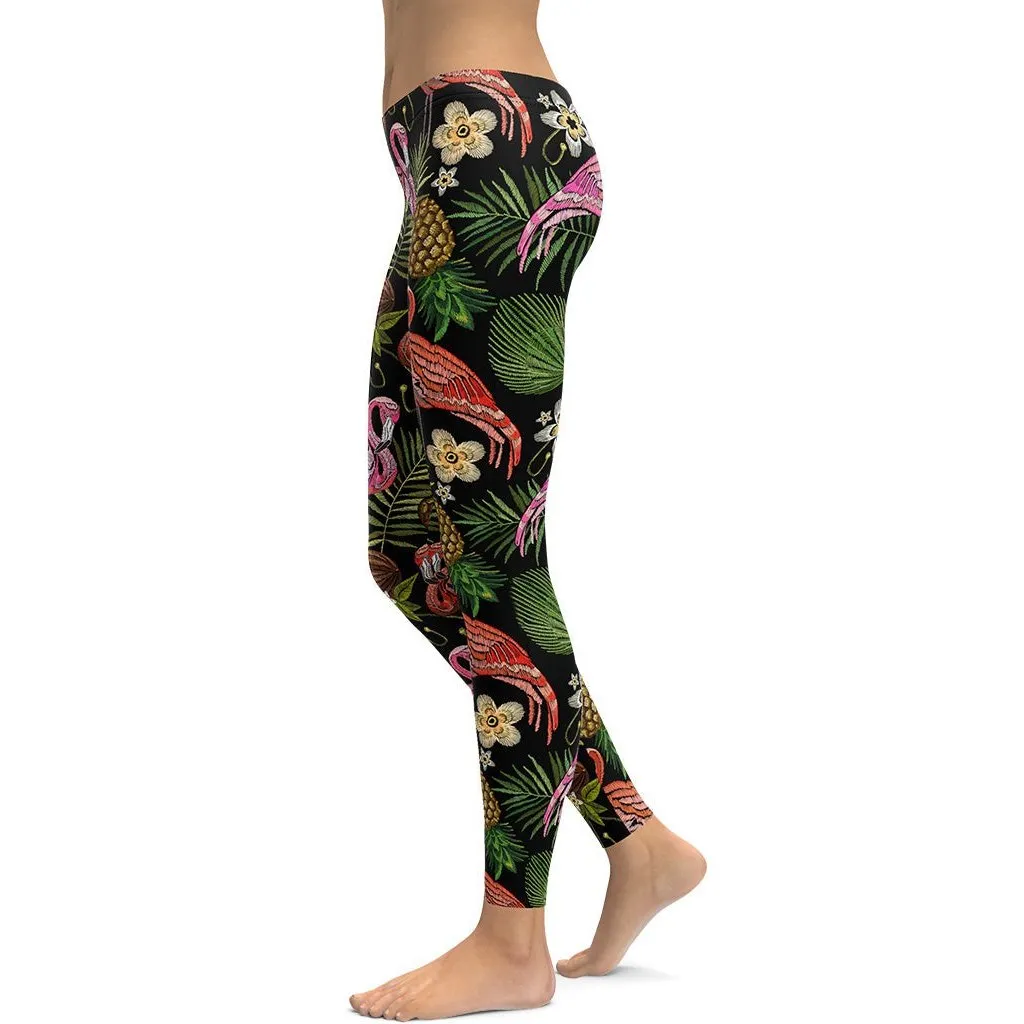 Embroidery Flamingo Leggings