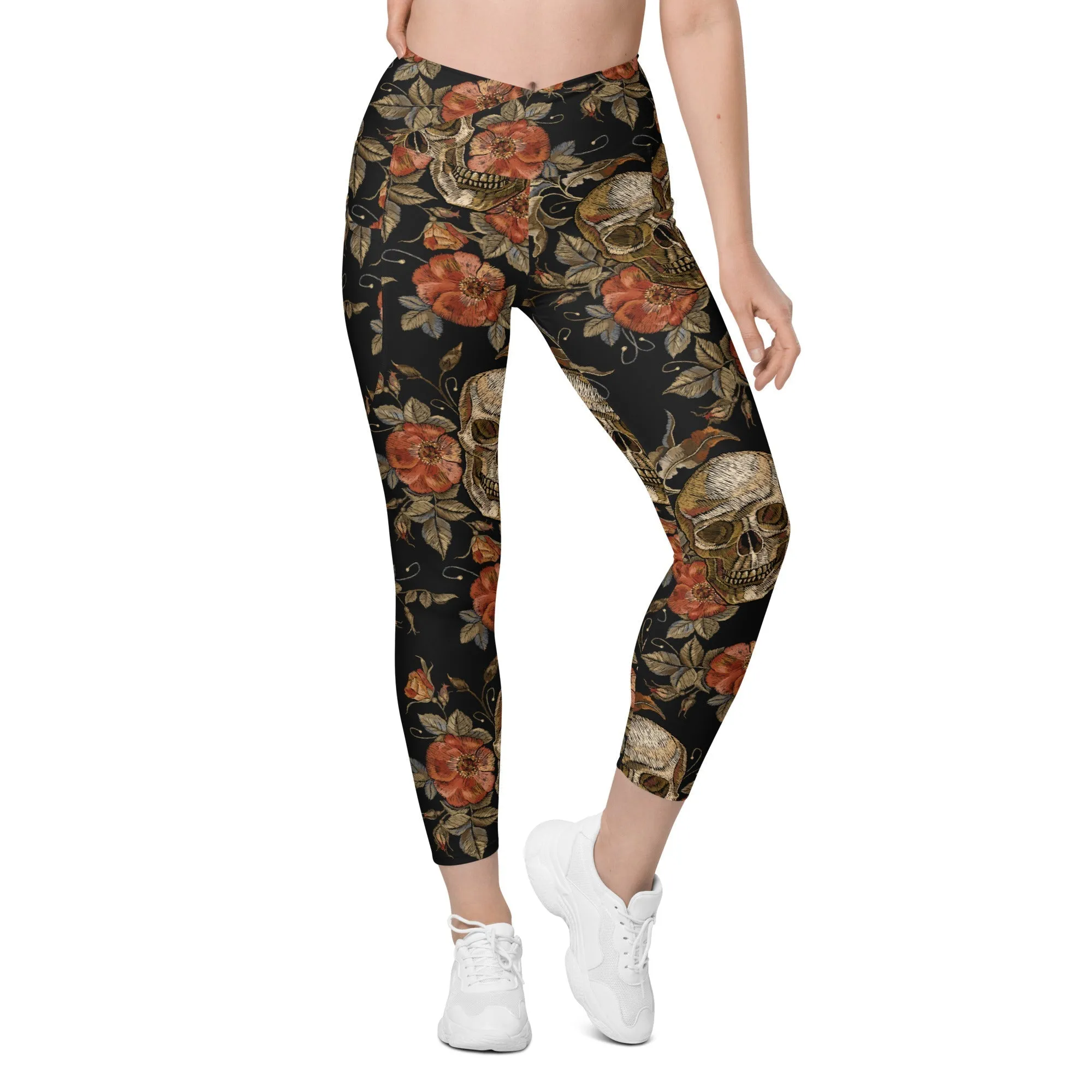 Embroidery Print Skull Crossover Leggings With Pockets