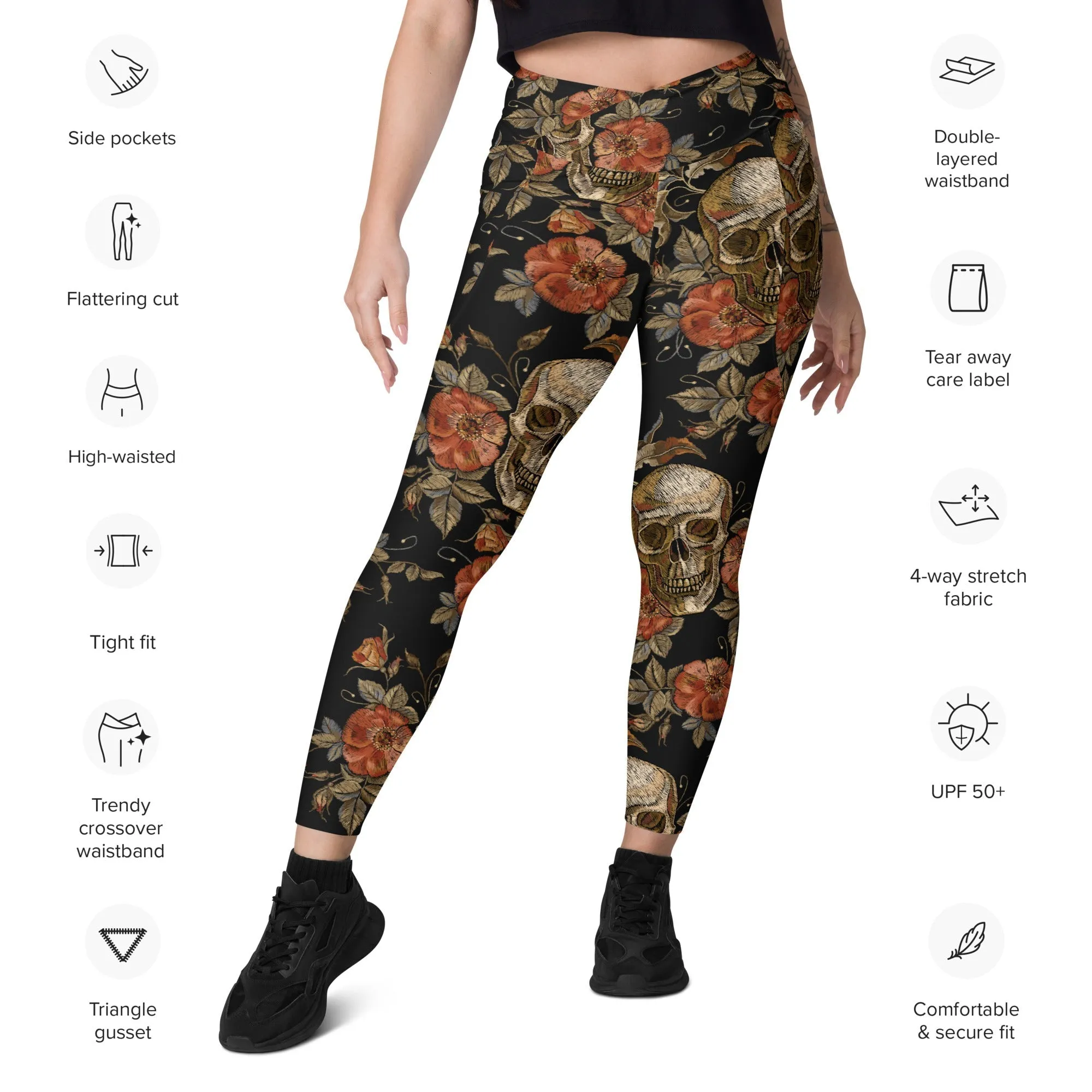 Embroidery Print Skull Crossover Leggings With Pockets