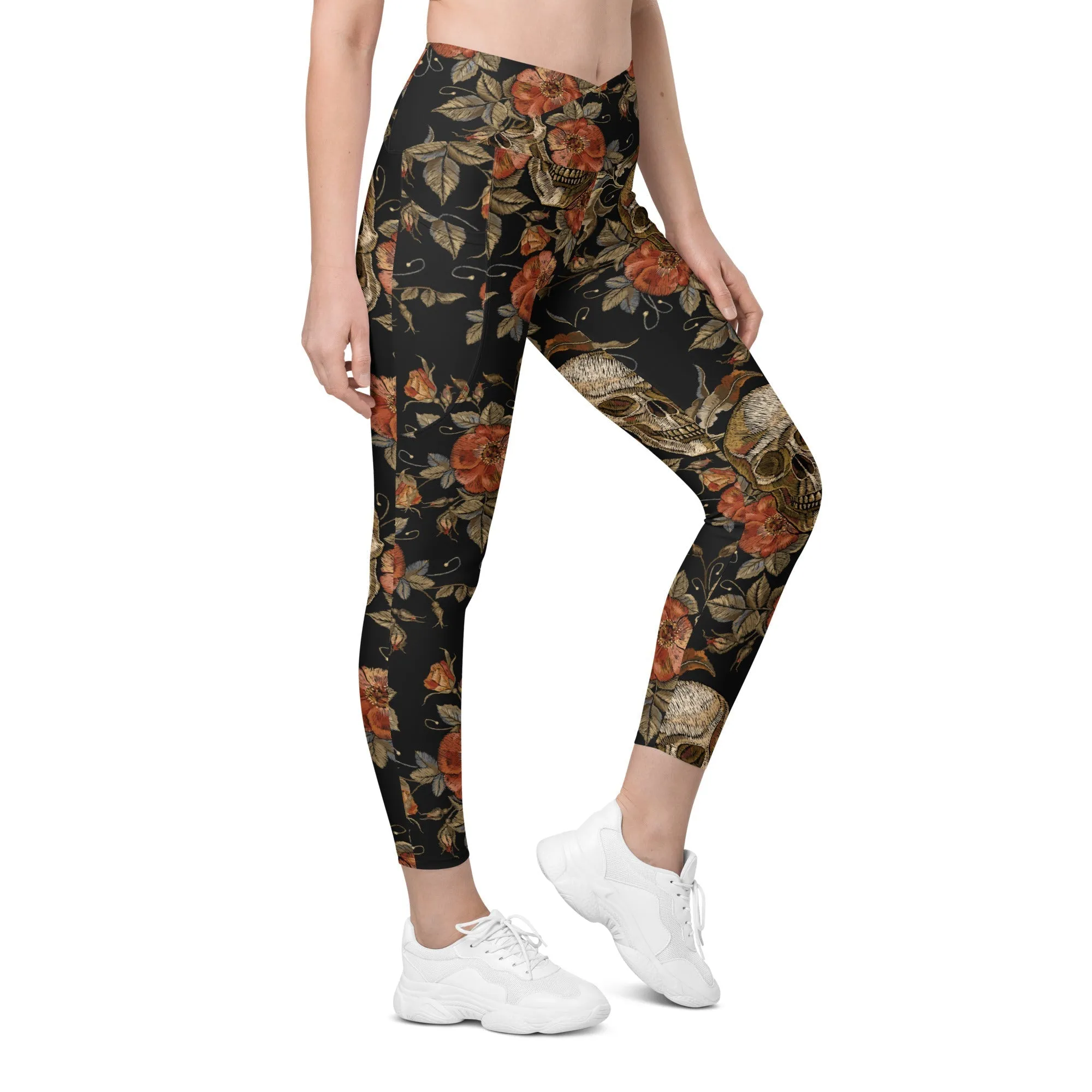 Embroidery Print Skull Crossover Leggings With Pockets