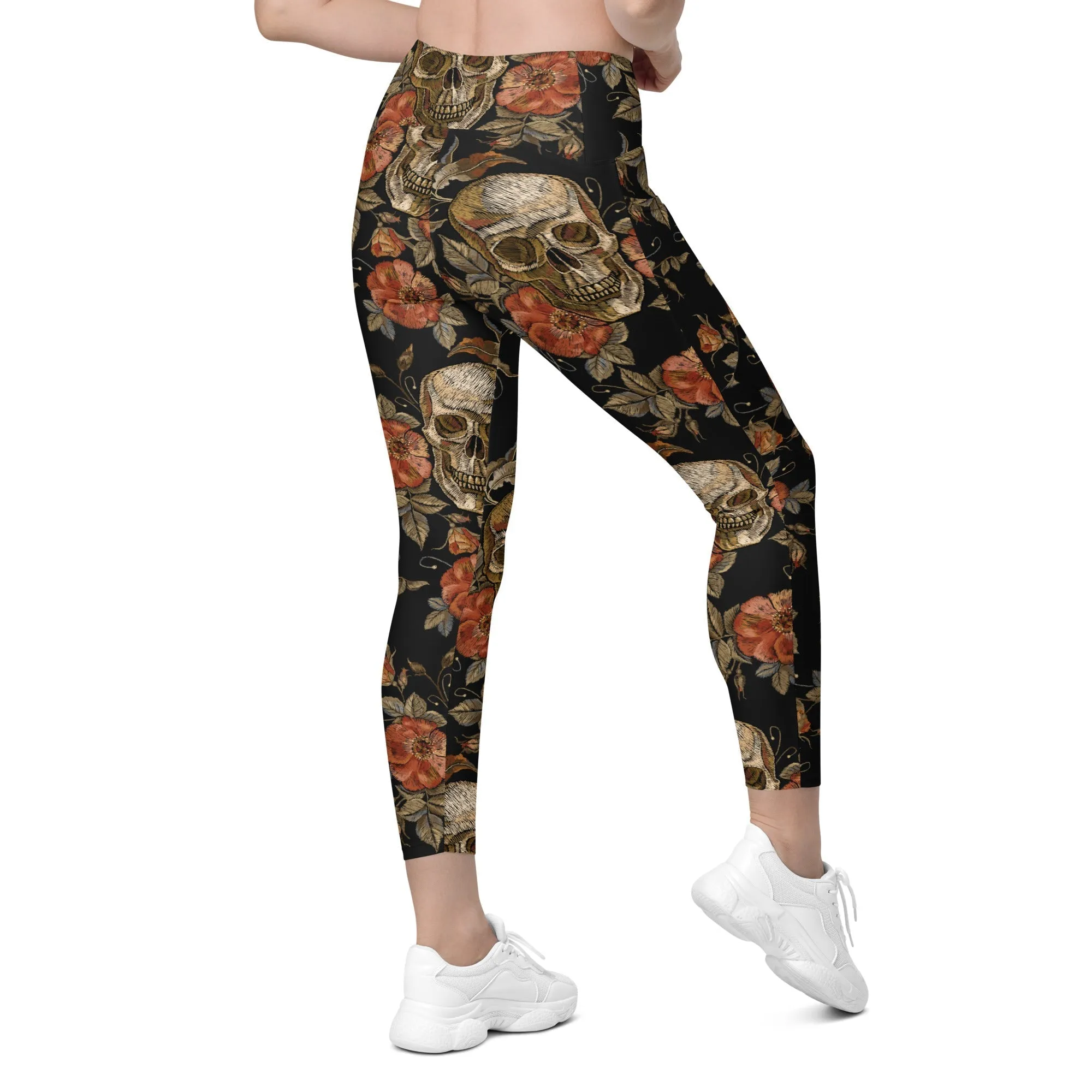 Embroidery Print Skull Crossover Leggings With Pockets