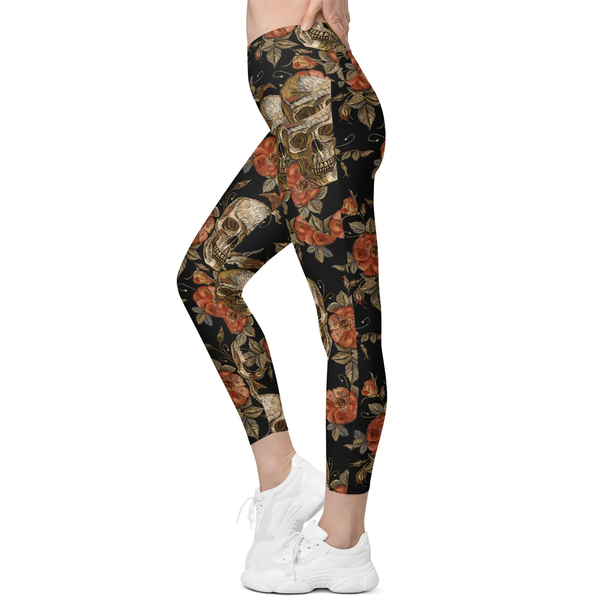 Embroidery Print Skull Crossover Leggings With Pockets