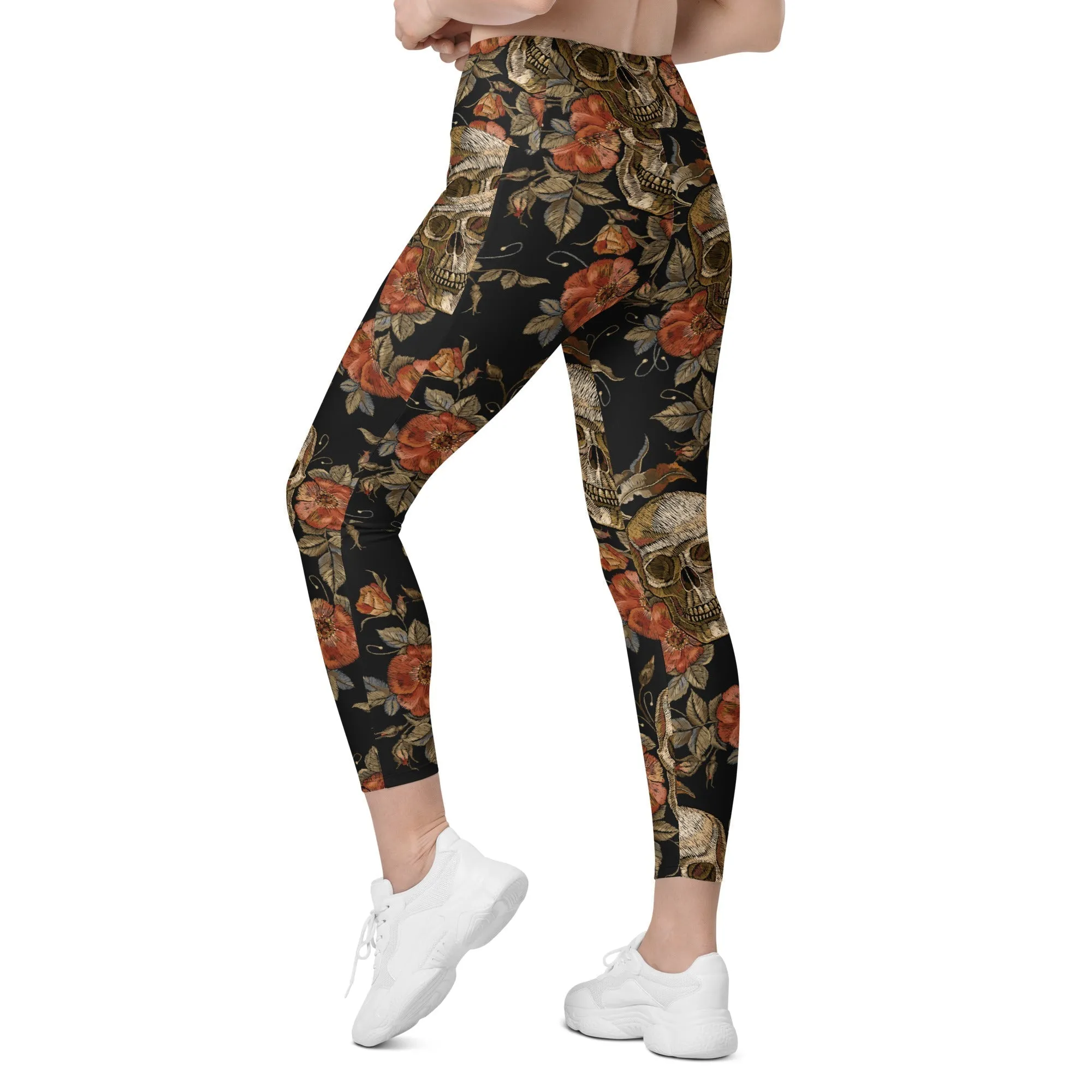 Embroidery Print Skull Crossover Leggings With Pockets