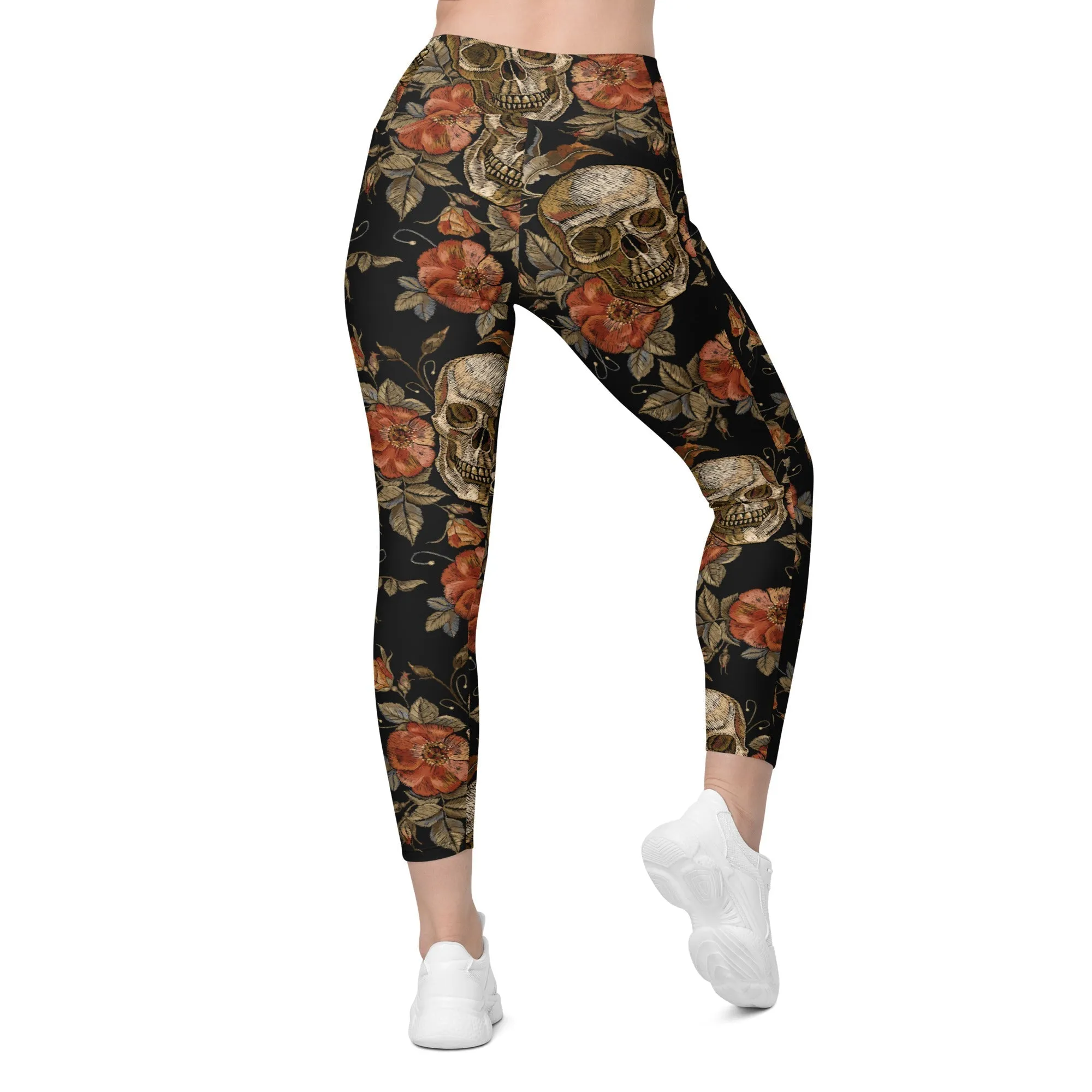 Embroidery Print Skull Crossover Leggings With Pockets