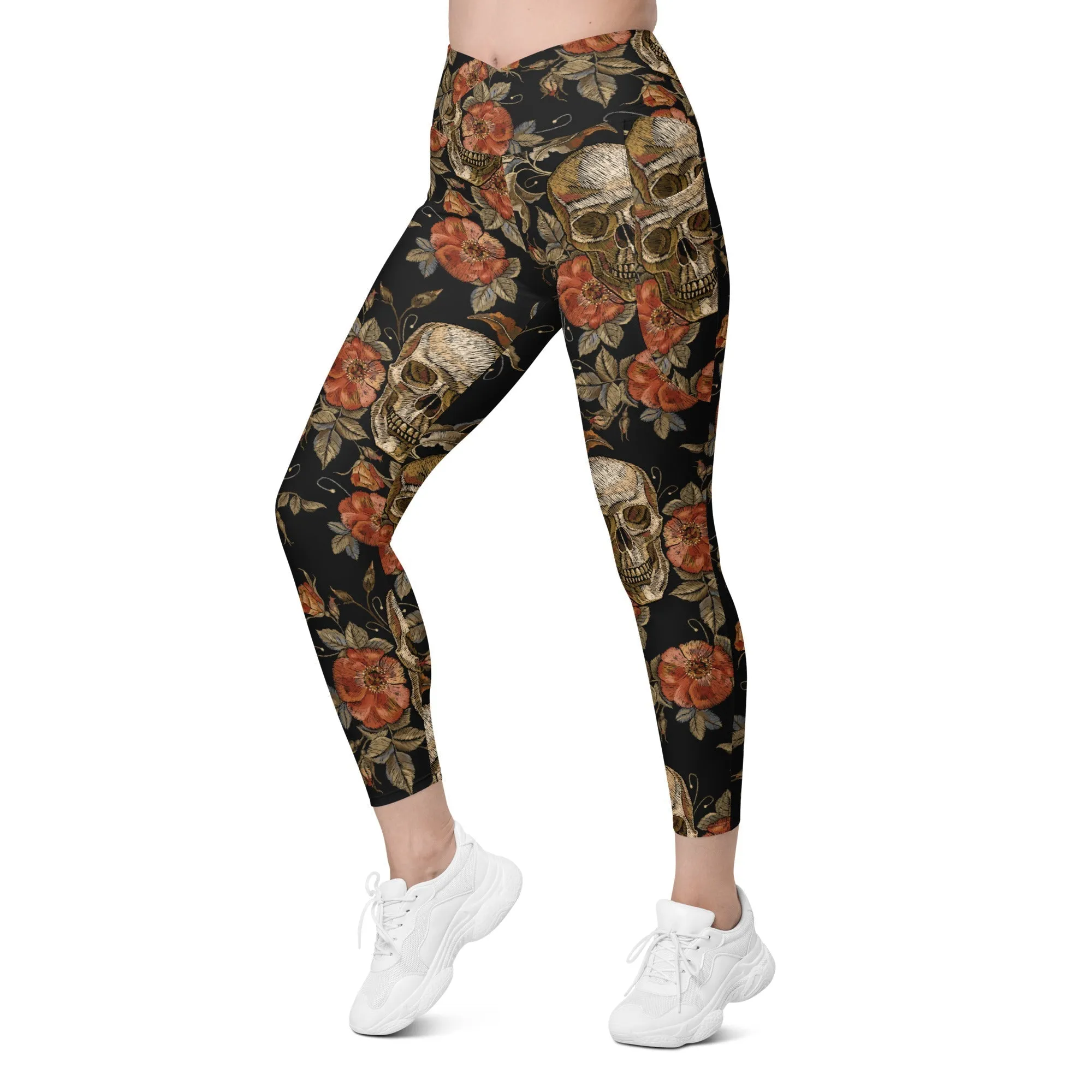 Embroidery Print Skull Crossover Leggings With Pockets