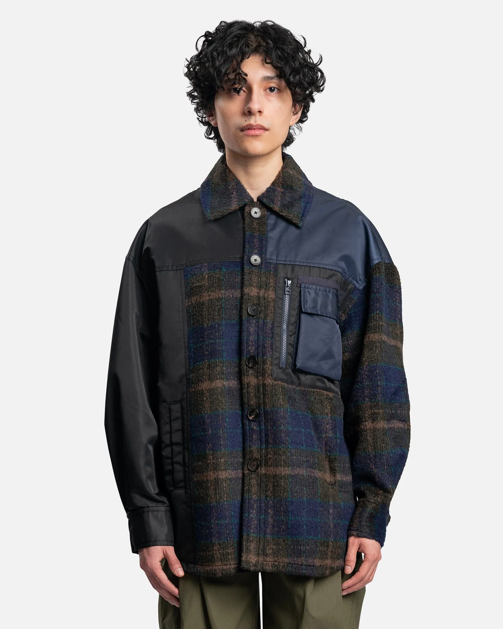 Feng Chen Wang Paneled Plaid Button Up Jacket in Navy