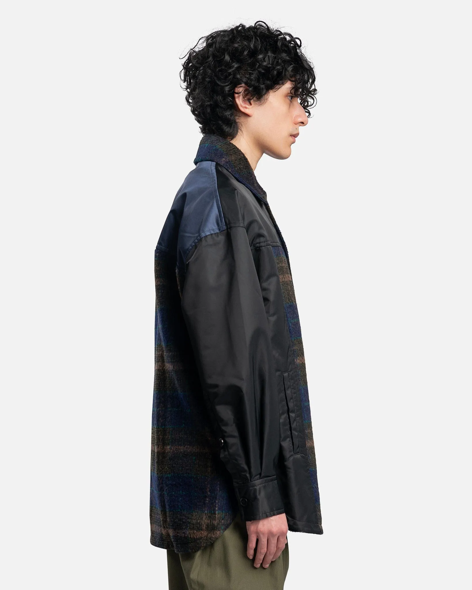 Feng Chen Wang Paneled Plaid Button Up Jacket in Navy