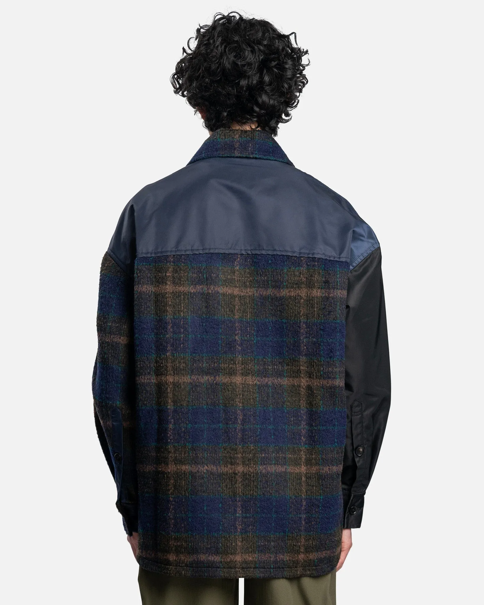 Feng Chen Wang Paneled Plaid Button Up Jacket in Navy