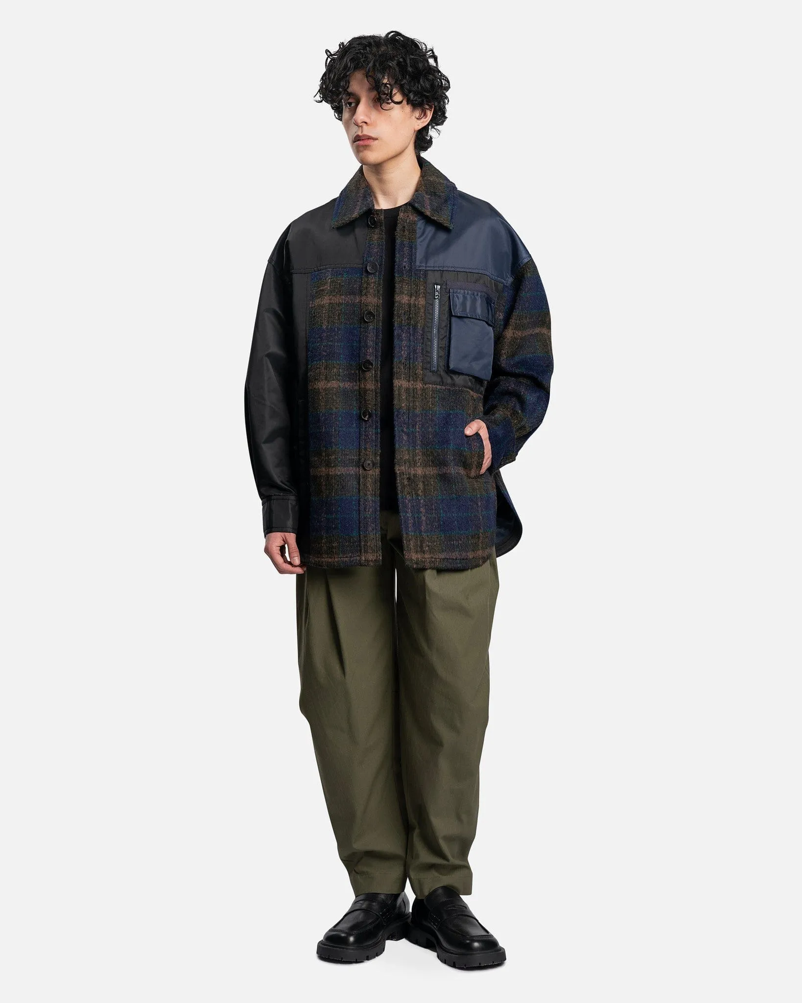 Feng Chen Wang Paneled Plaid Button Up Jacket in Navy