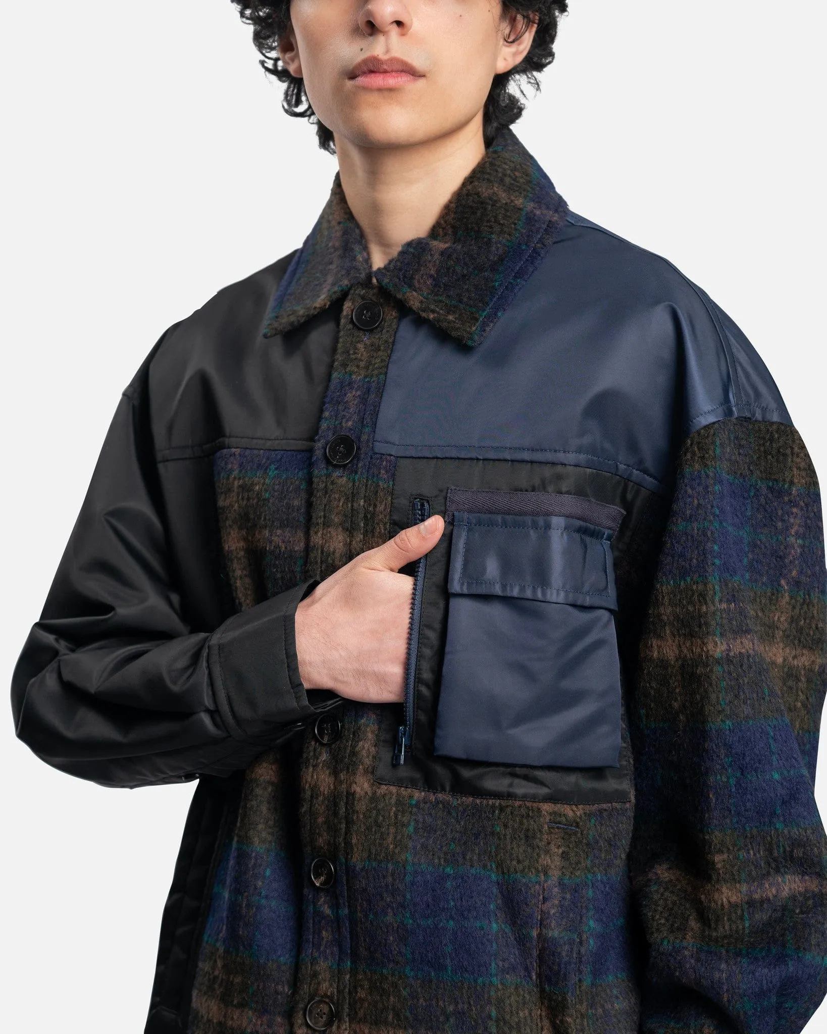 Feng Chen Wang Paneled Plaid Button Up Jacket in Navy