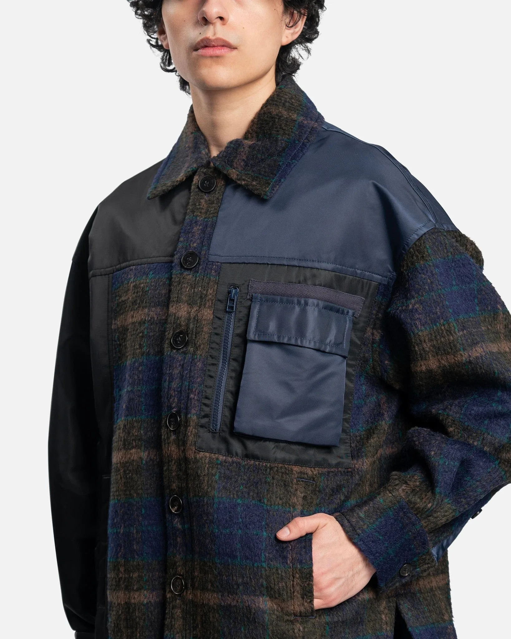 Feng Chen Wang Paneled Plaid Button Up Jacket in Navy