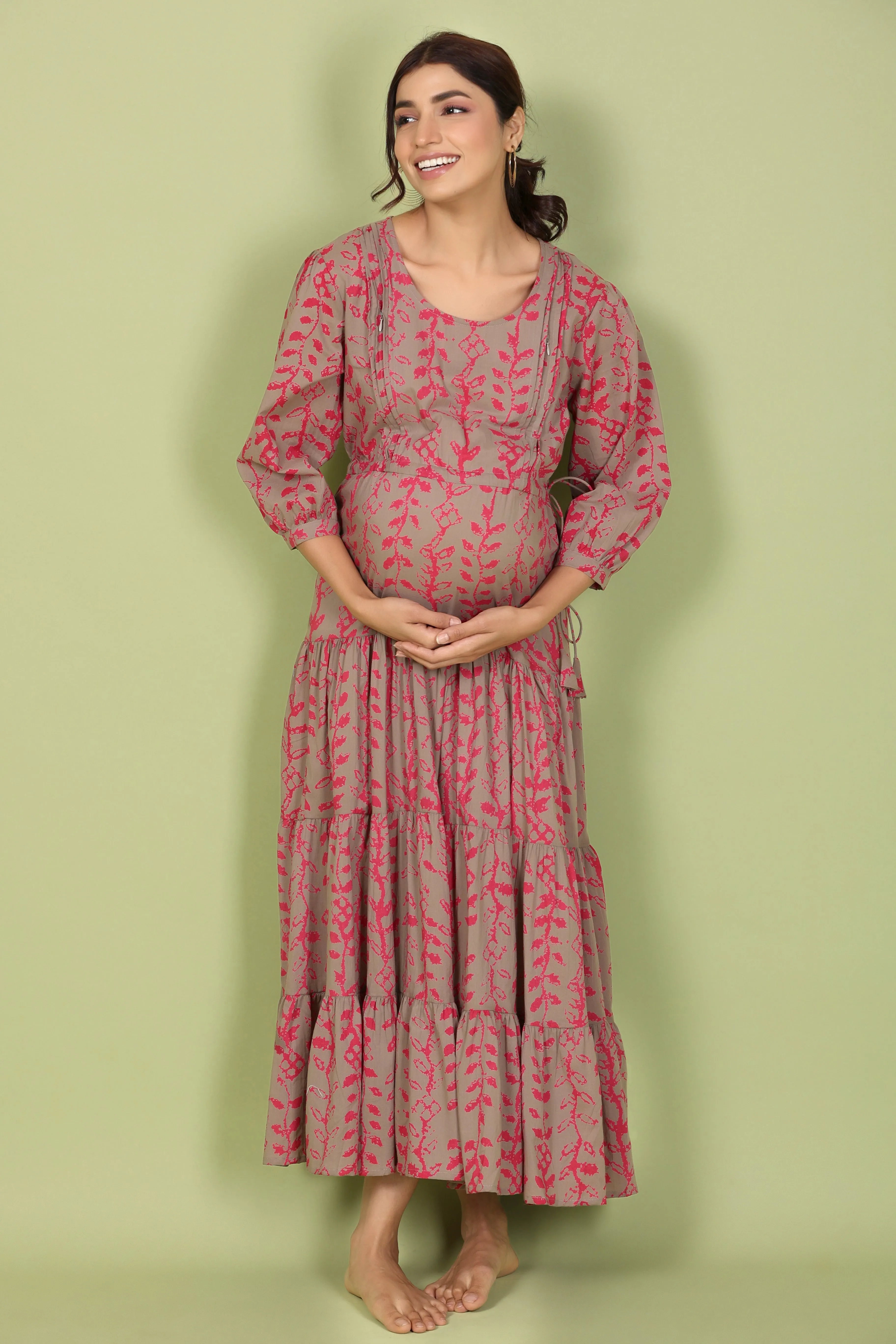 Flowing Leaves on Grey Maternity Feeding Dress