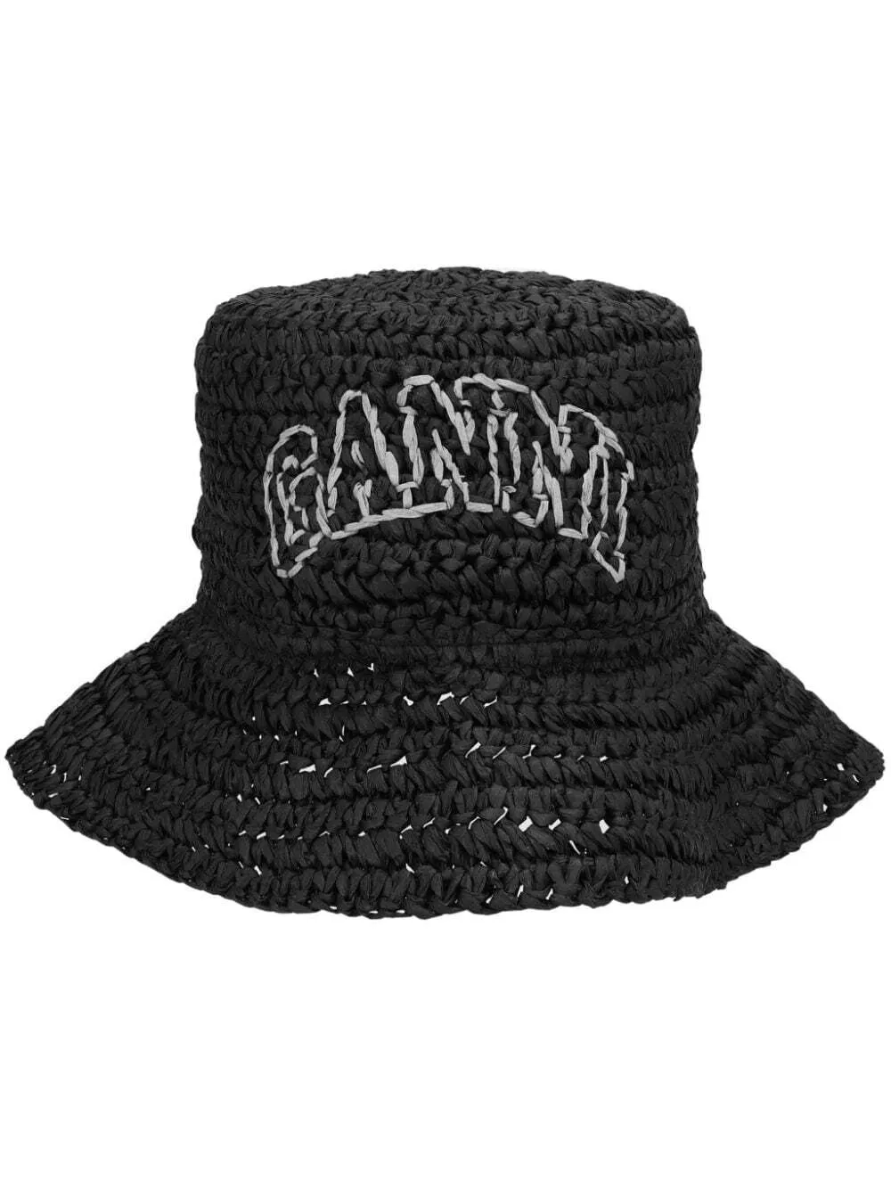 GANNI logo-embroidered raffia hat - Black