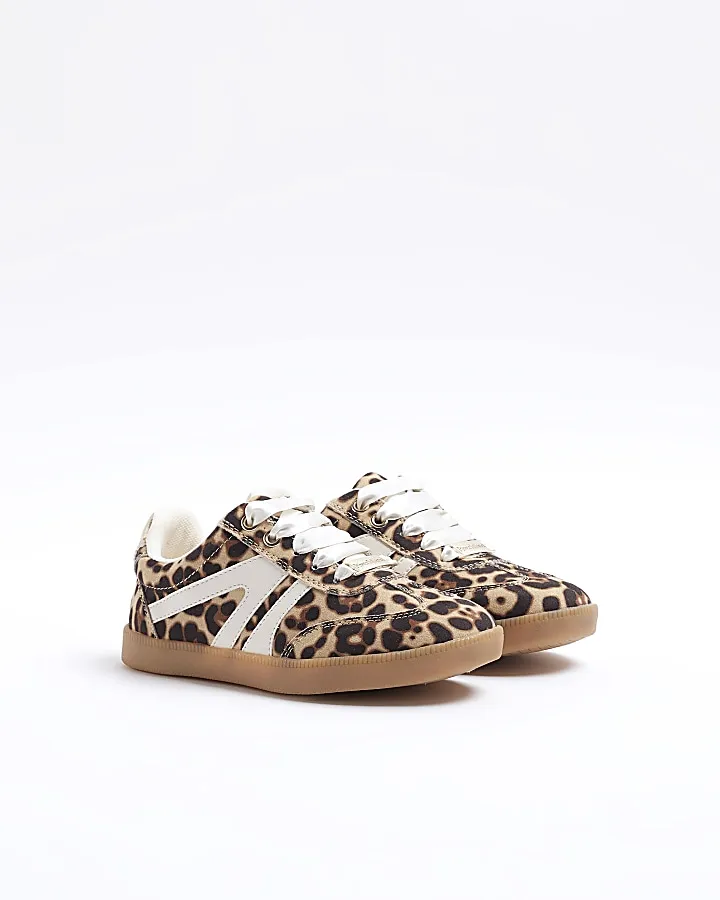 Girls brown leopard print trainers