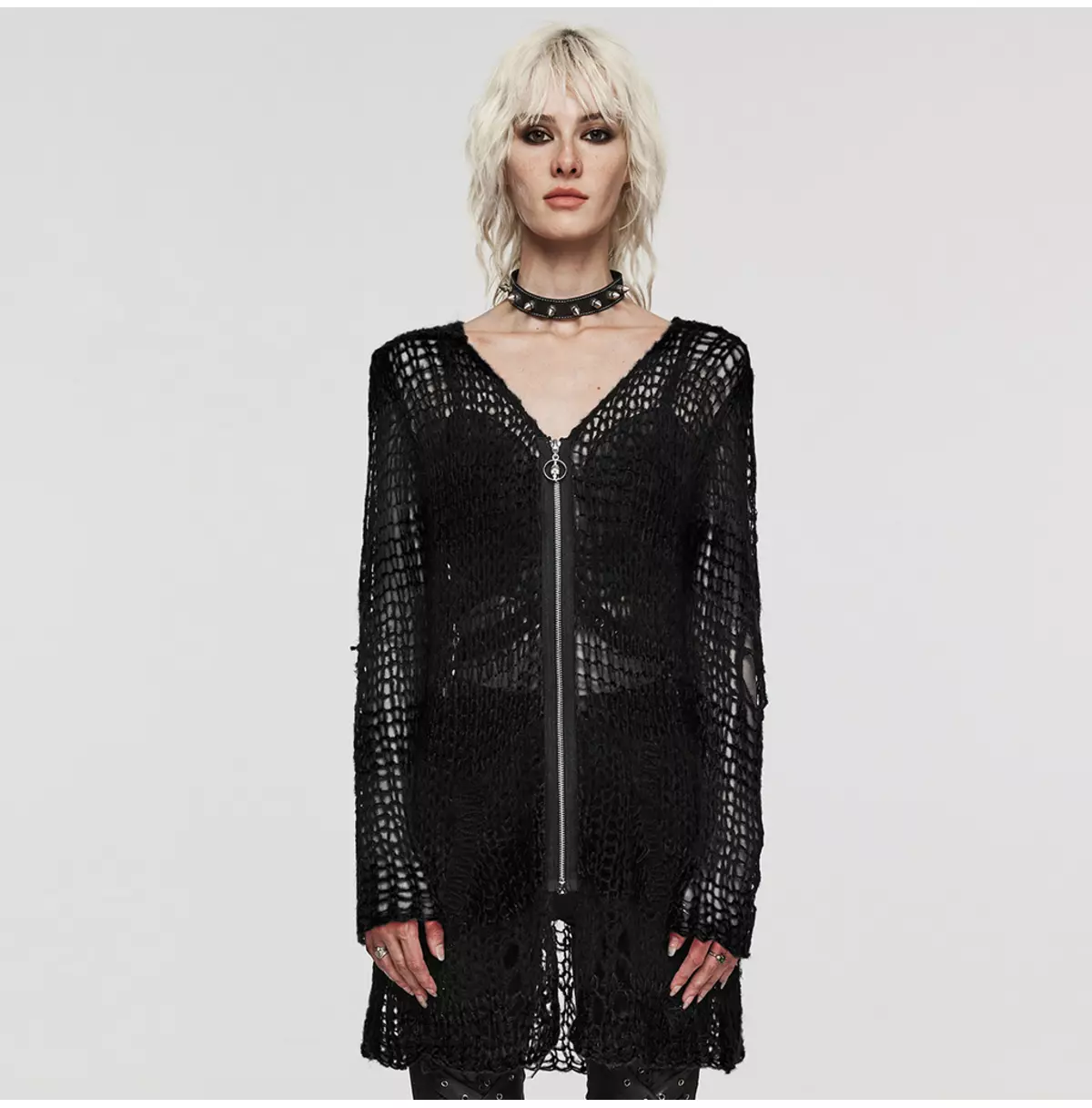 Gothic Zipper Black V-Neck Mesh Long Sleeve Jacket