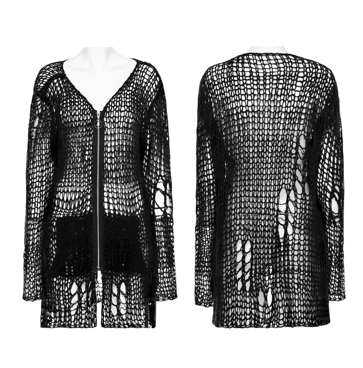 Gothic Zipper Black V-Neck Mesh Long Sleeve Jacket