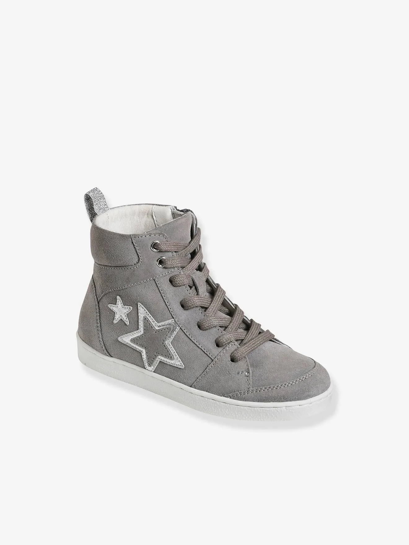 High-Top Leather Trainers with Laces & Zips for Girls - grey medium solid