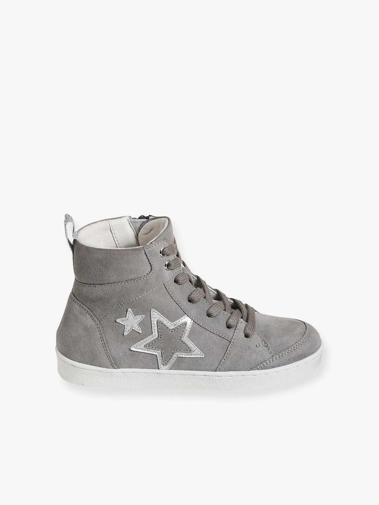 High-Top Leather Trainers with Laces & Zips for Girls - grey medium solid