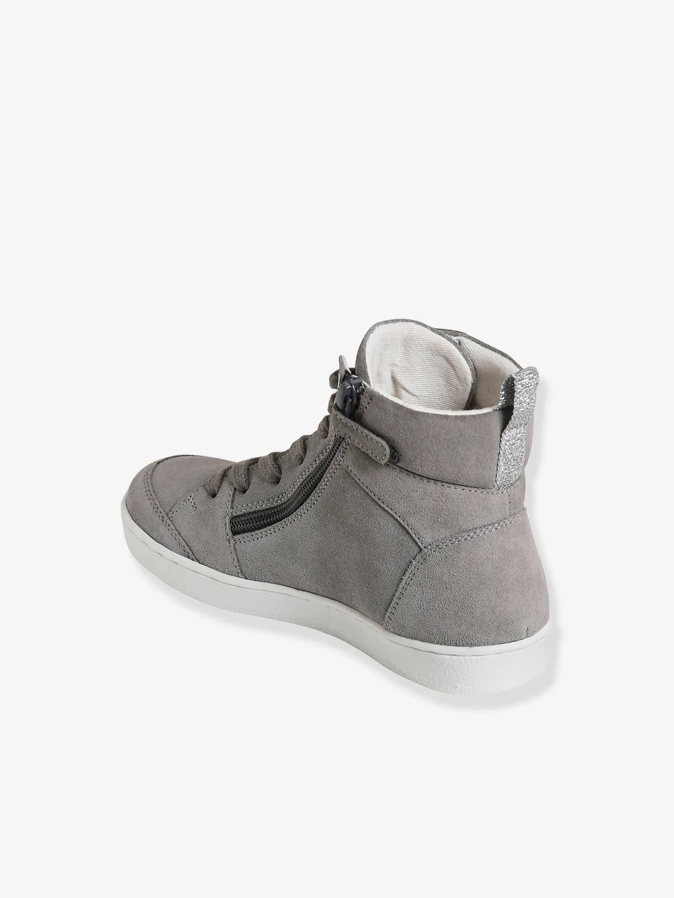 High-Top Leather Trainers with Laces & Zips for Girls - grey medium solid