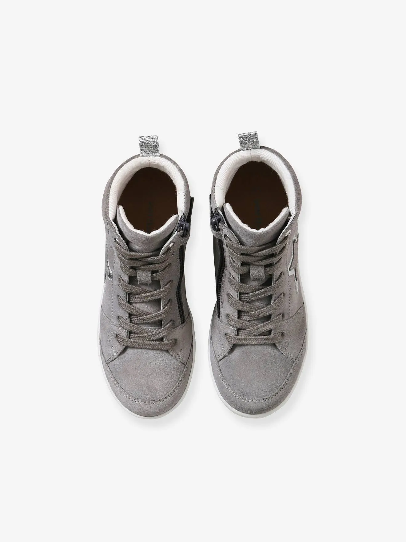 High-Top Leather Trainers with Laces & Zips for Girls - grey medium solid