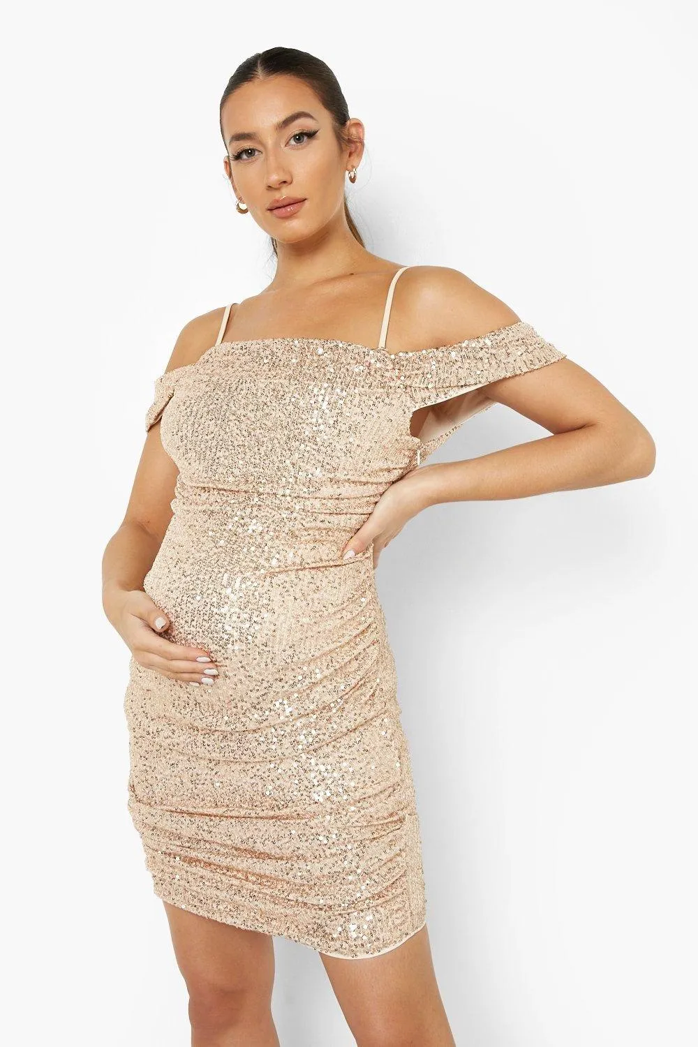 Maternity Glitter Ruched Drape Shoulder Dress