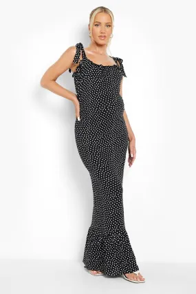 Maternity Polka Dot Tie Shoulder Maxi Dress