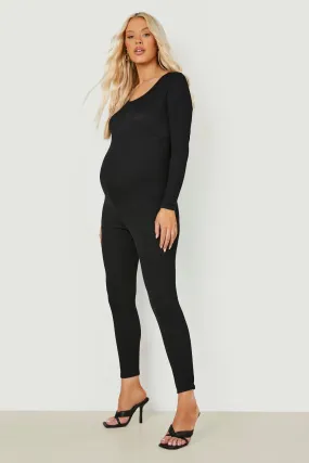 Maternity Rib Long Sleeve Scoop Neck Jumpsuit