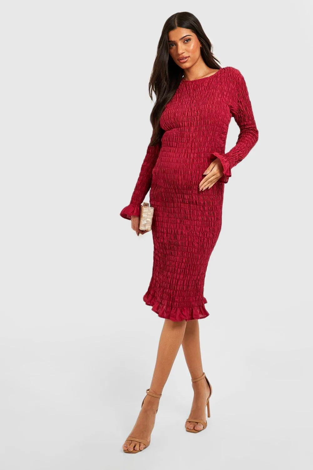 Maternity Shirred Long Sleeve Midi Dress