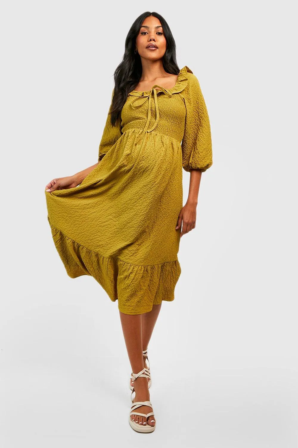 Maternity Textured Crinkle Shirred Midi Dress