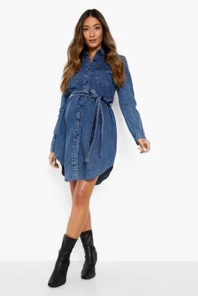 Maternity Tie Waist Denim Dress