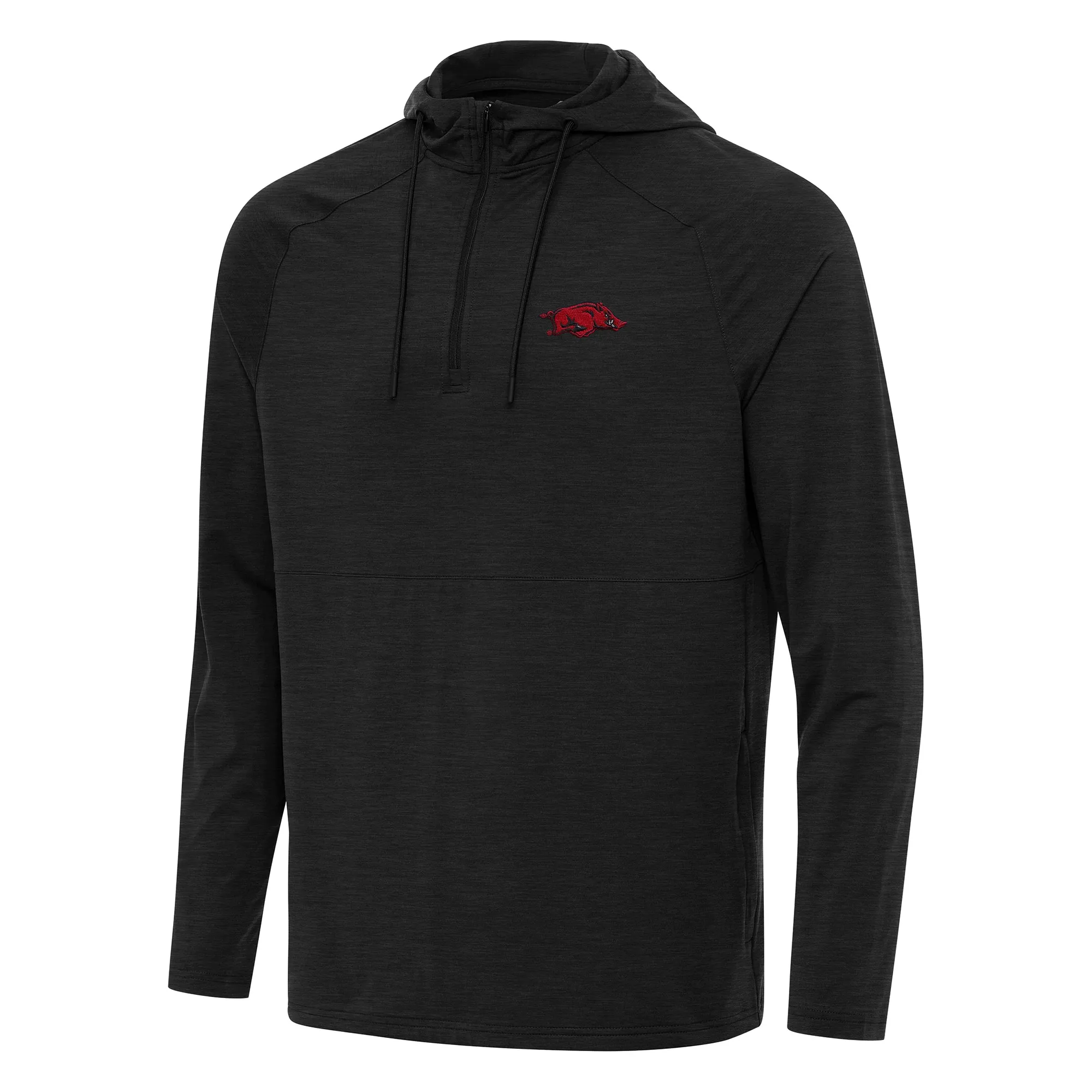 Men's Antigua Heather Black Arkansas Razorbacks Spikes Raglan Quarter-Zip Hoodie