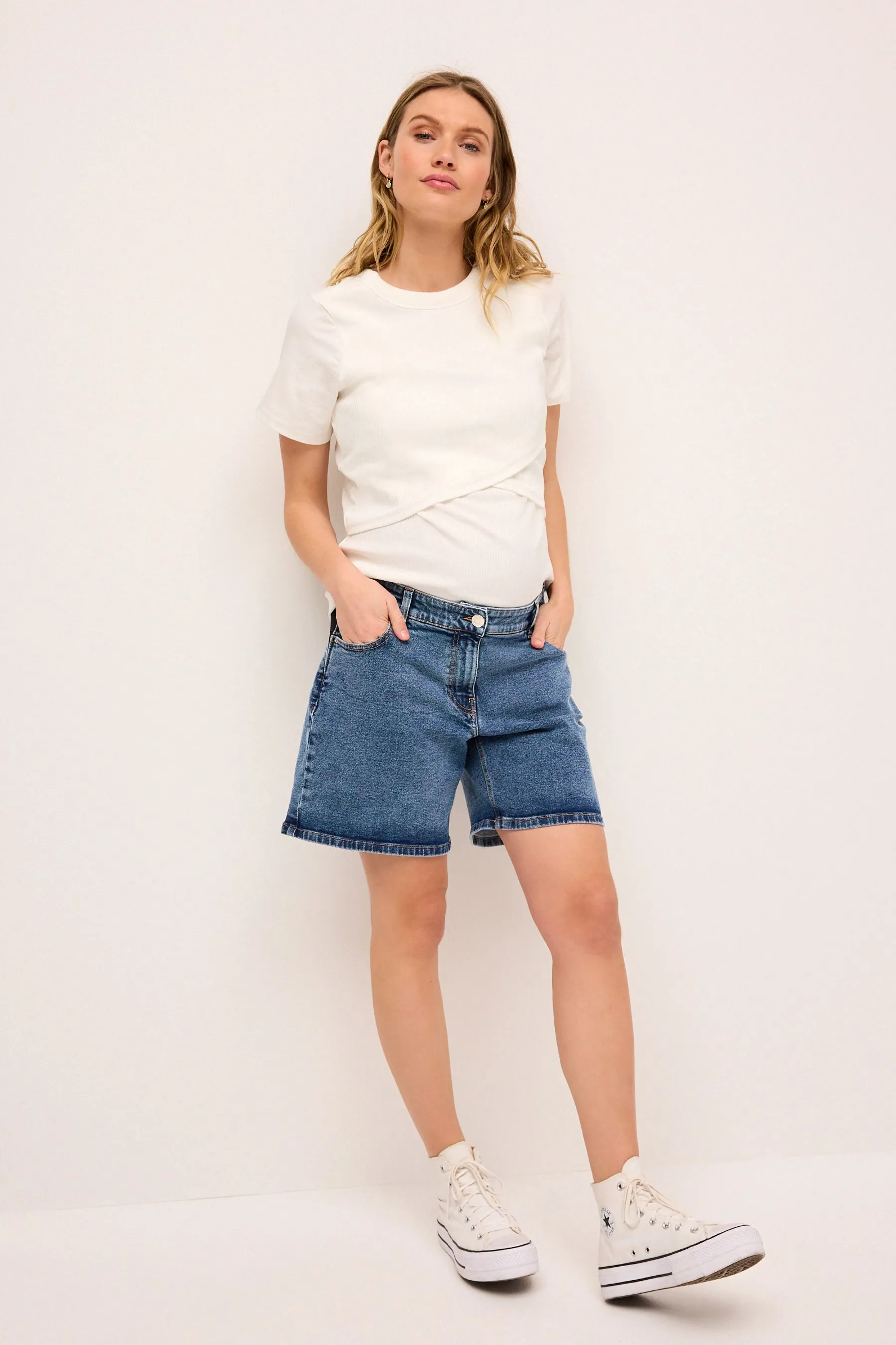 Mid Blue Maternity Denim Boyfriend Shorts