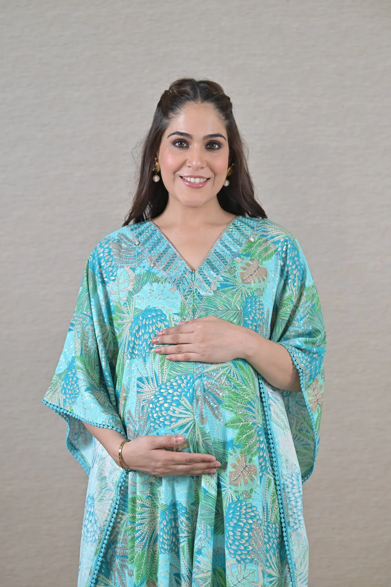 Mint Leafy Maternity & Nursing Kaftan (100% Cotton)