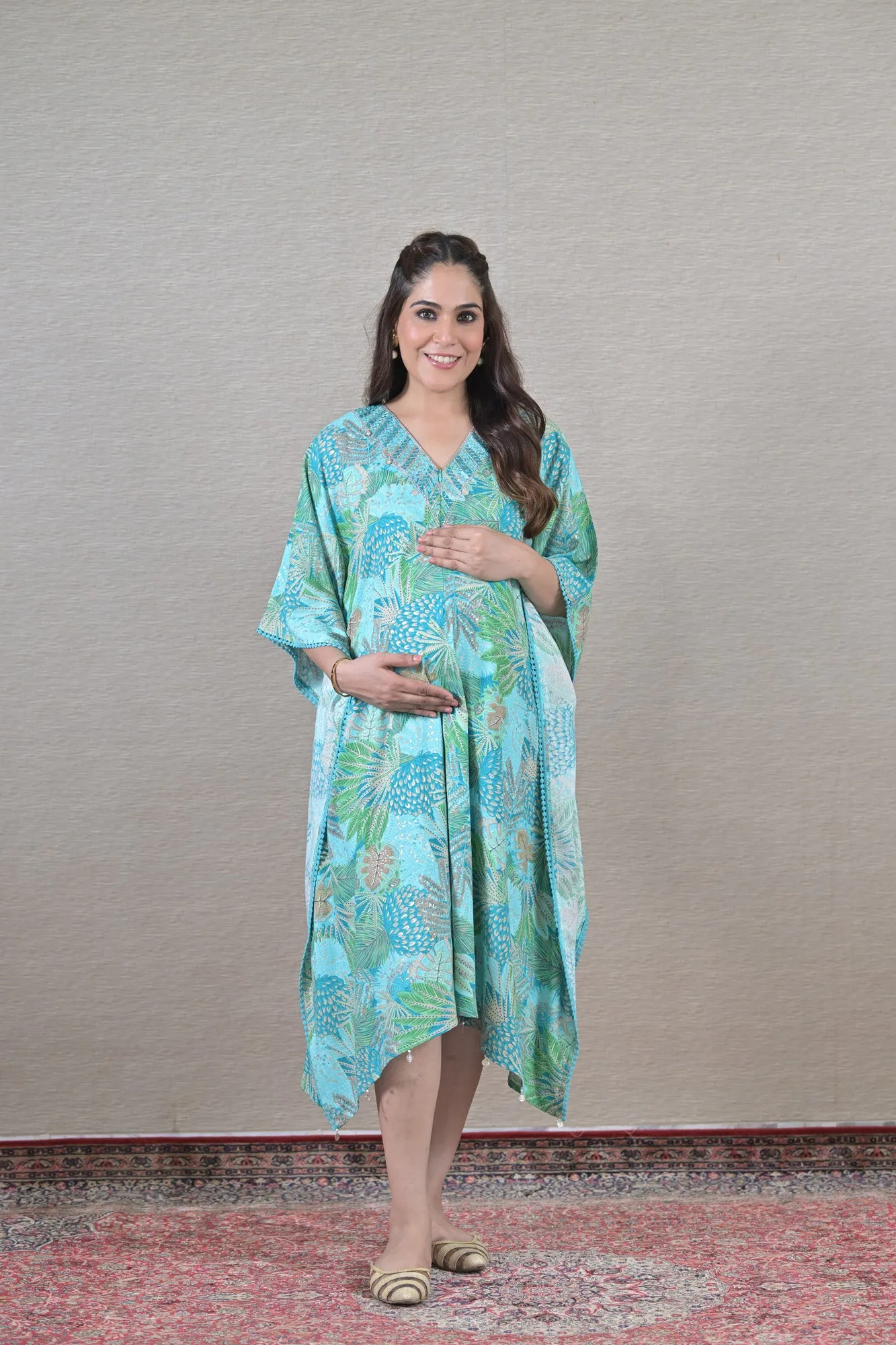 Mint Leafy Maternity & Nursing Kaftan (100% Cotton)