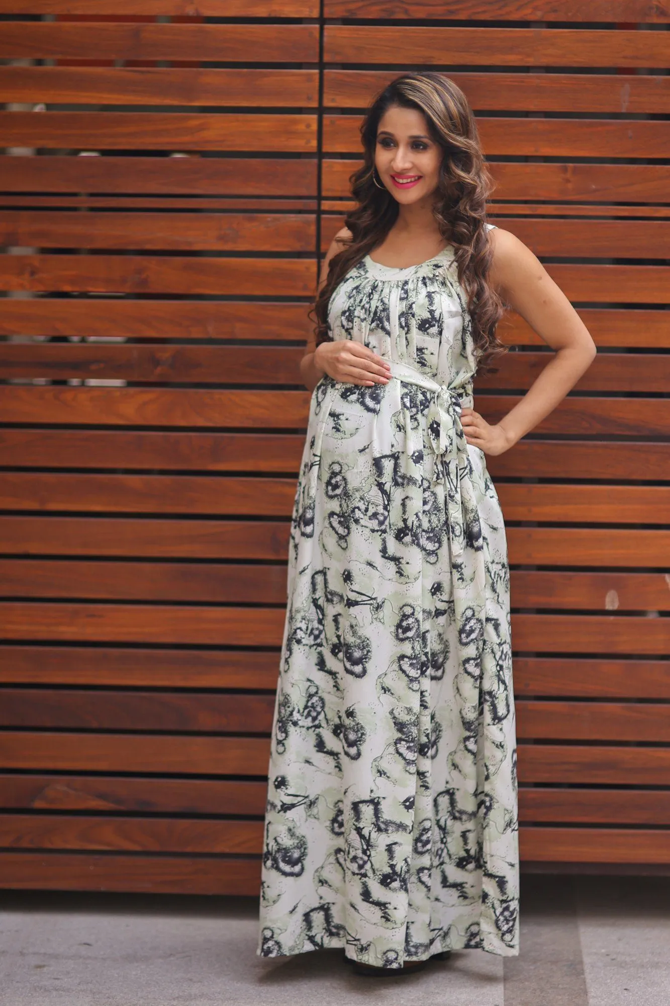 Mint Print Sleeveless Maternity Maxi Dress