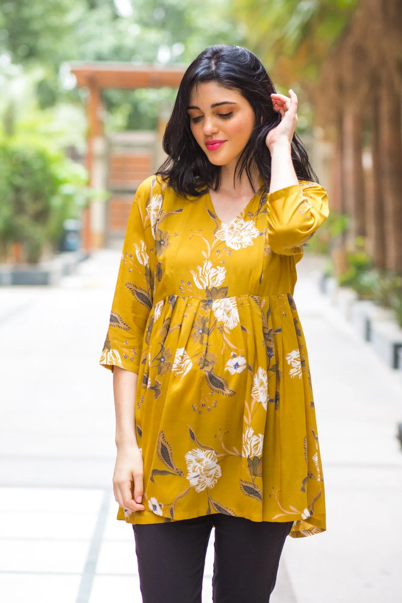 Mustard Yellow Leafy Maternity & Nursing Top