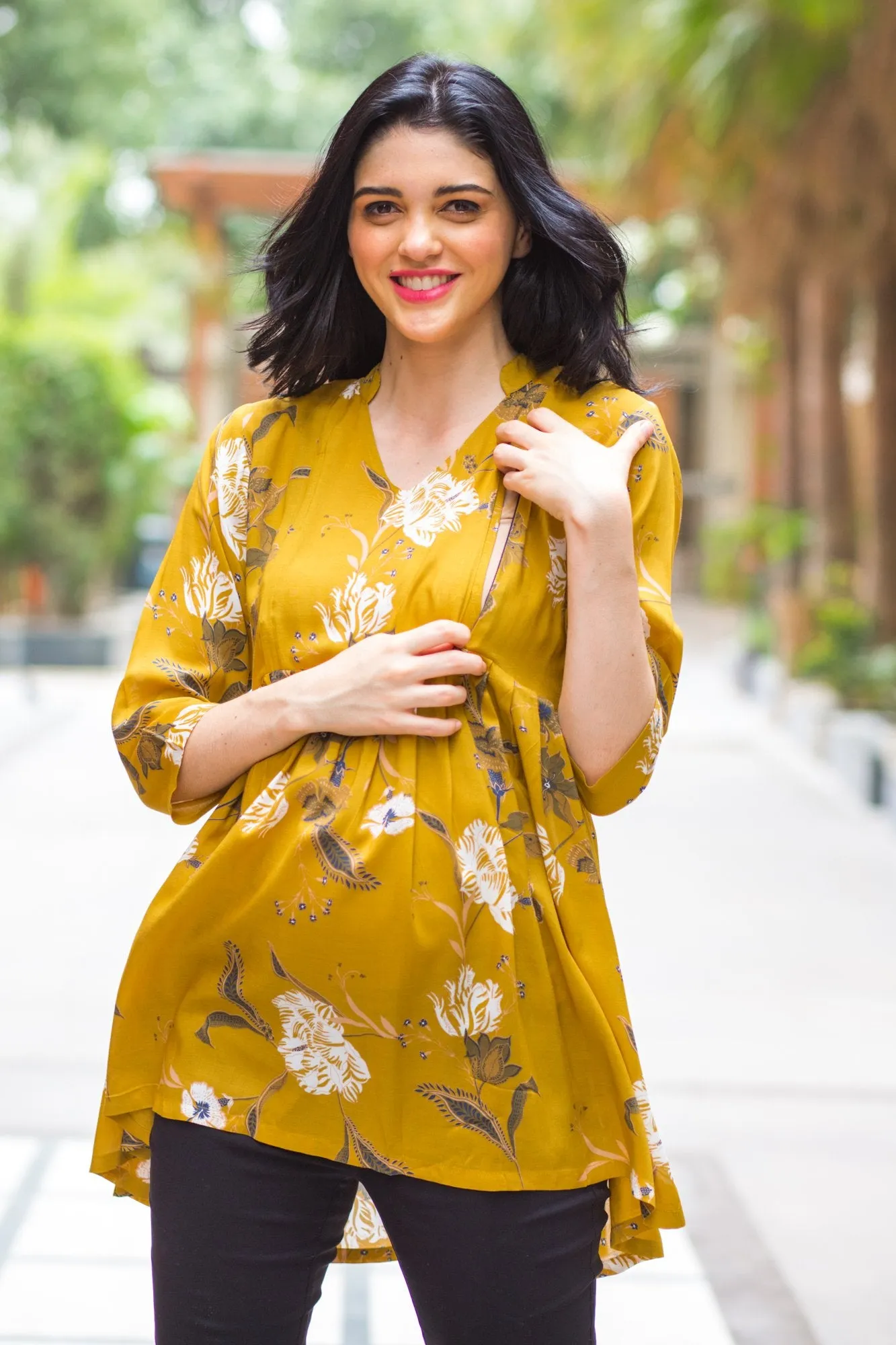 Mustard Yellow Leafy Maternity & Nursing Top