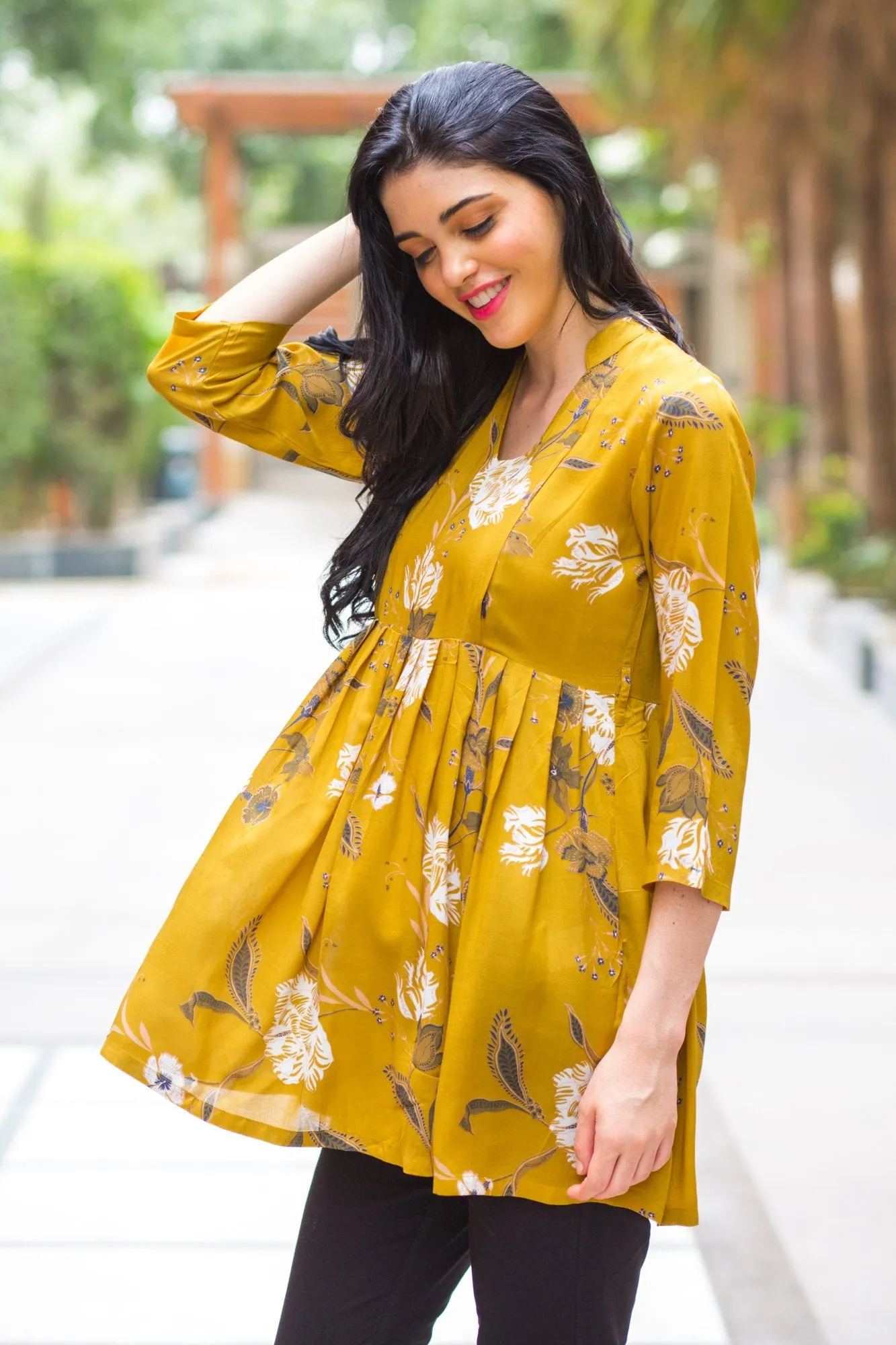 Mustard Yellow Leafy Maternity & Nursing Top