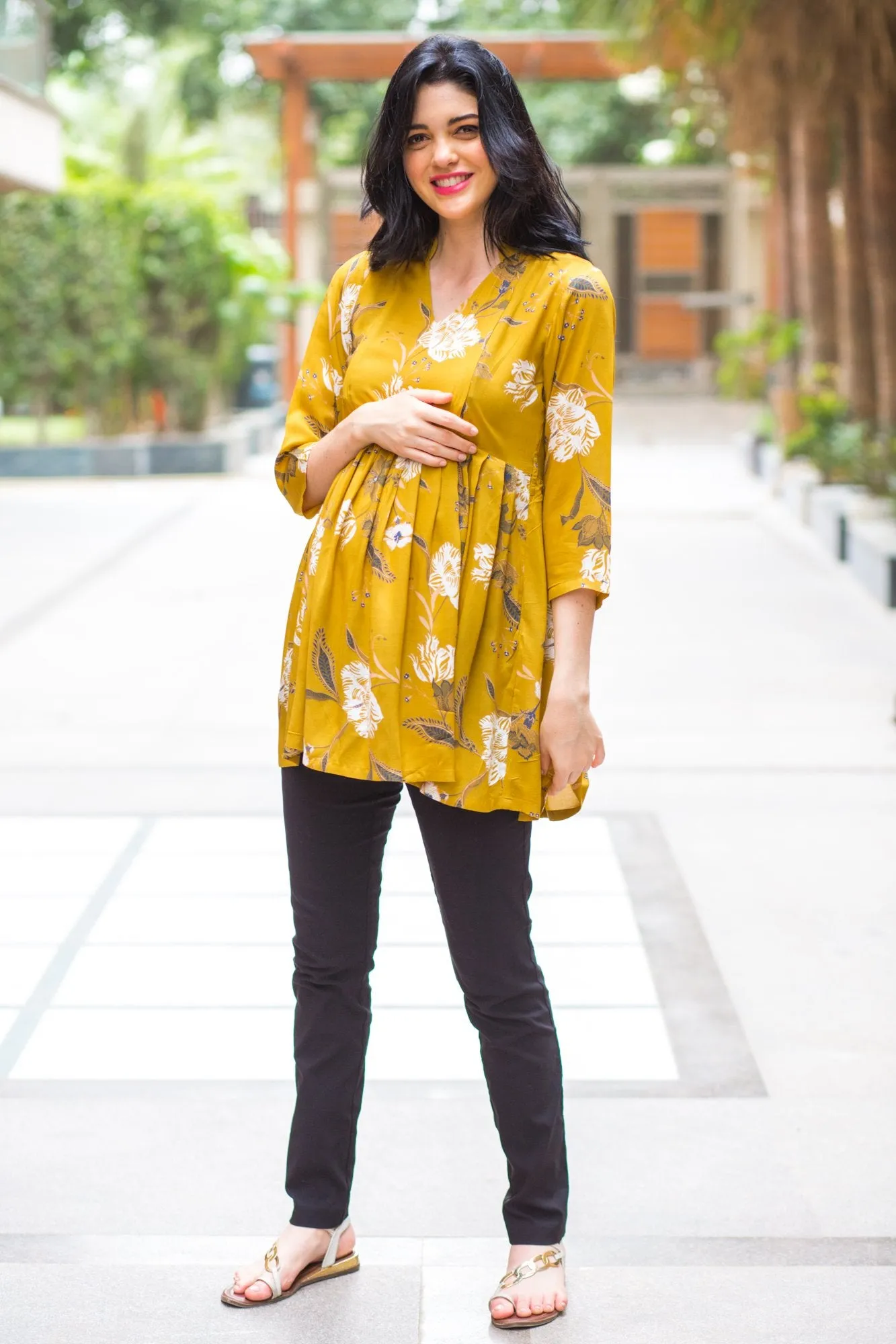 Mustard Yellow Leafy Maternity & Nursing Top