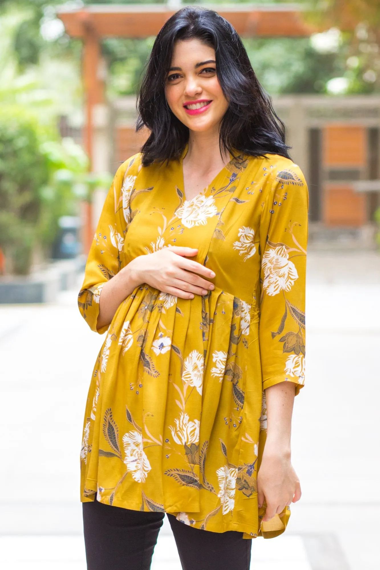 Mustard Yellow Leafy Maternity & Nursing Top