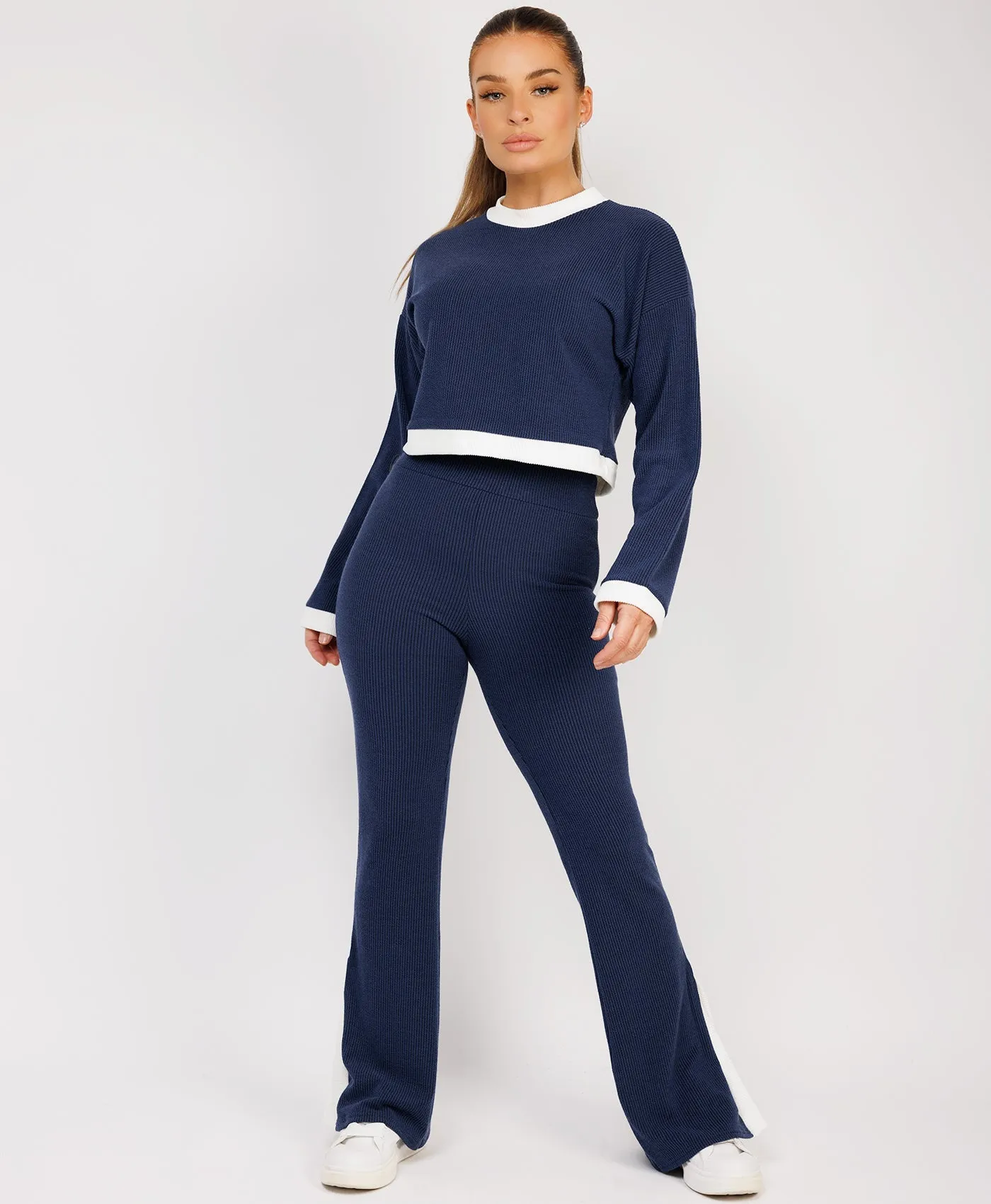 Navy Contrast Stripe Jumper & Split Detail Trousers Loungewear Set