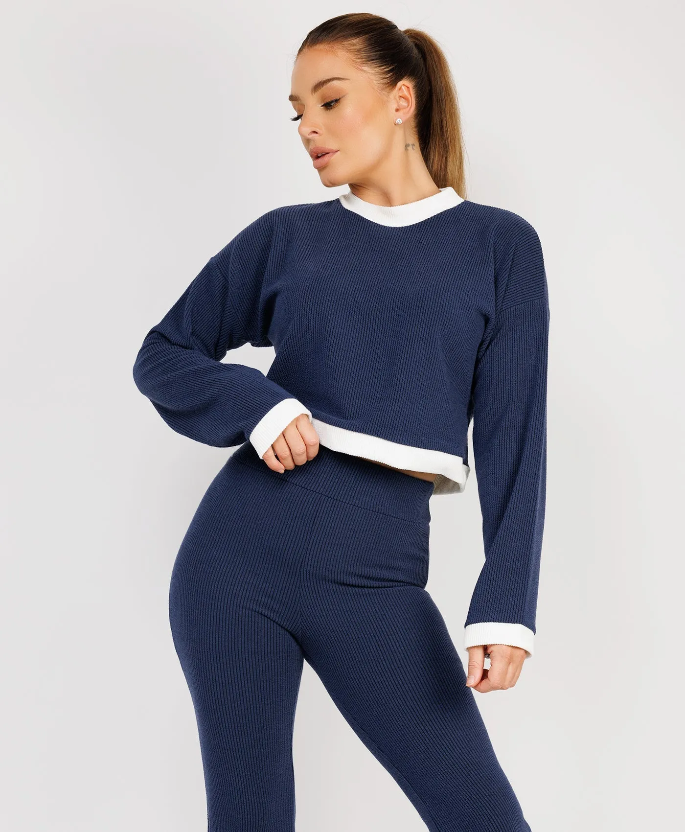 Navy Contrast Stripe Jumper & Split Detail Trousers Loungewear Set