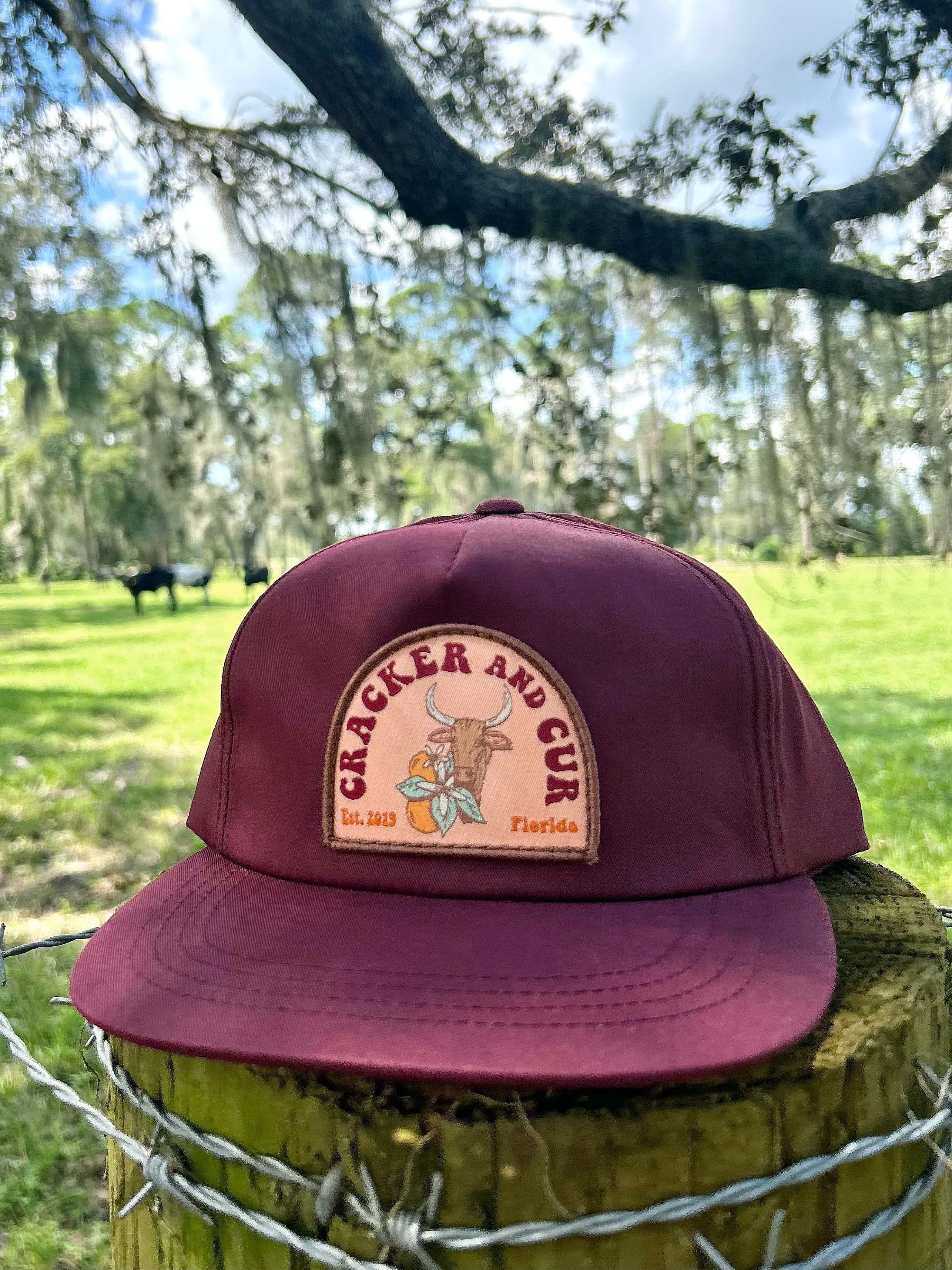 Orange Blossom Patch Hat - Maroon Flatbill