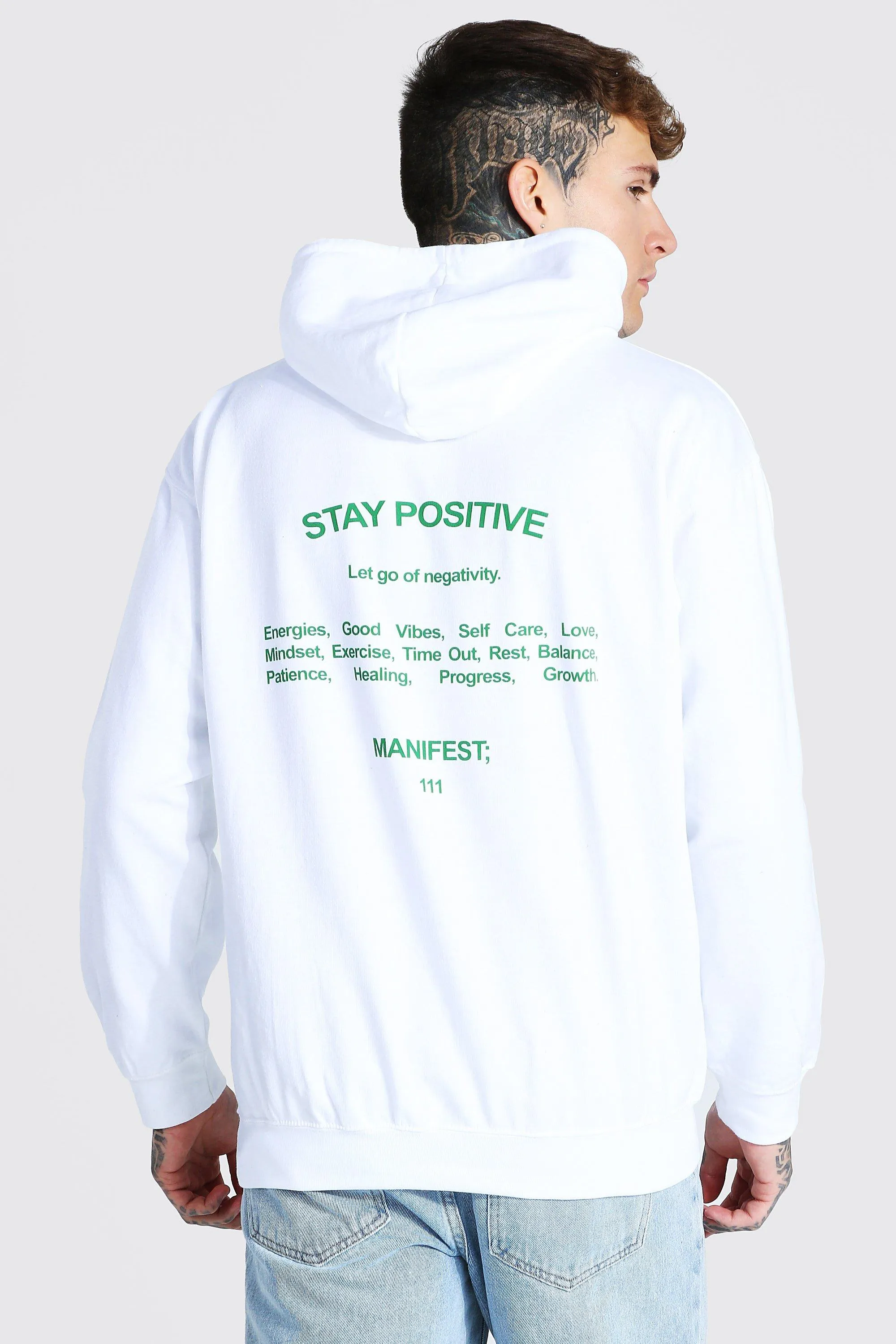 Oversized Stay Positive Back Print Hoodie | boohooMAN UK