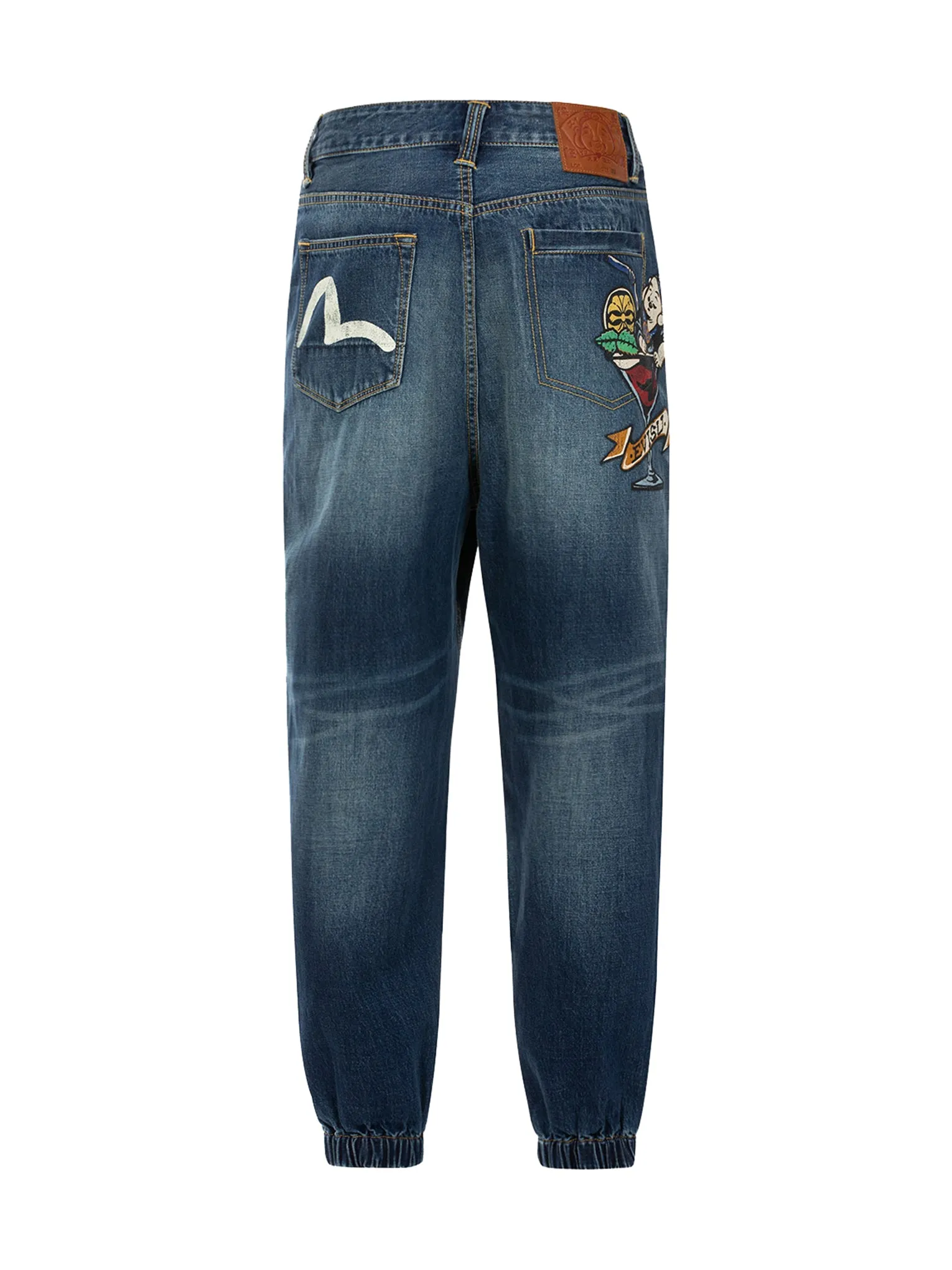 Playful Godhead Print Wide Leg Denim Joggers