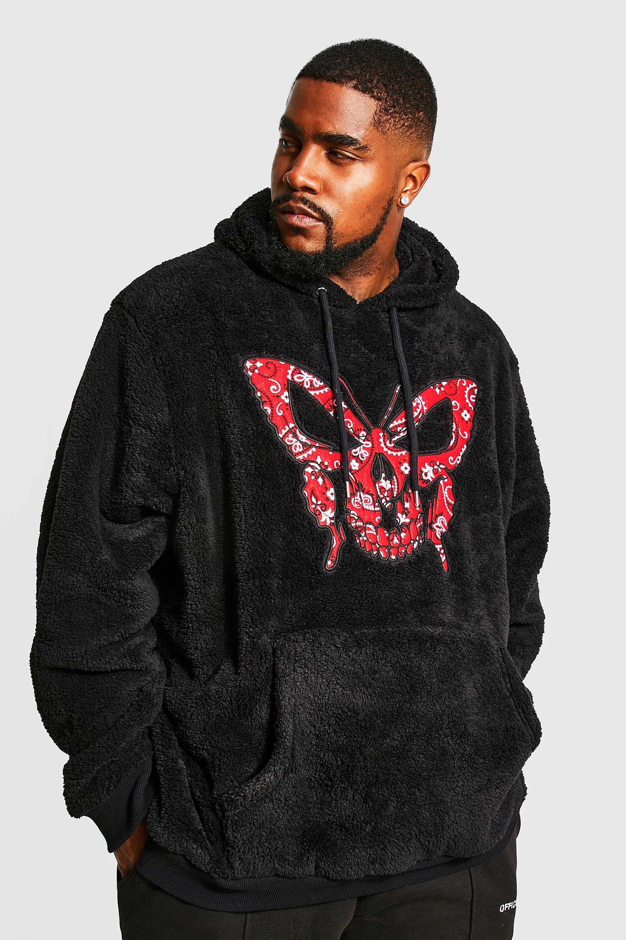 Plus Butterfly Skull Patch Borg Hoodie | boohooMAN UK