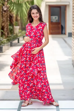 Raspberry Red Floral Luxe Maternity Dress