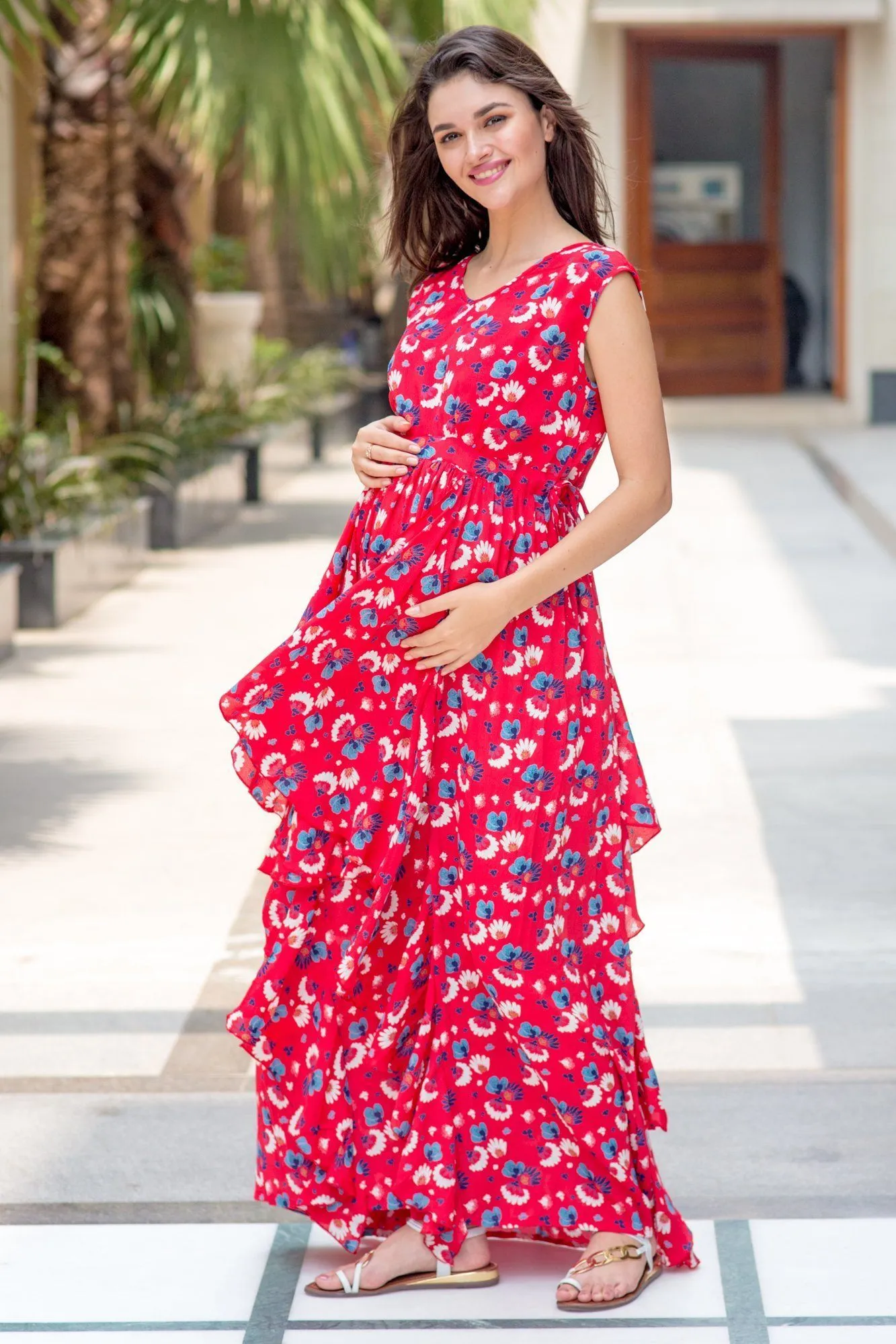 Raspberry Red Floral Luxe Maternity Dress